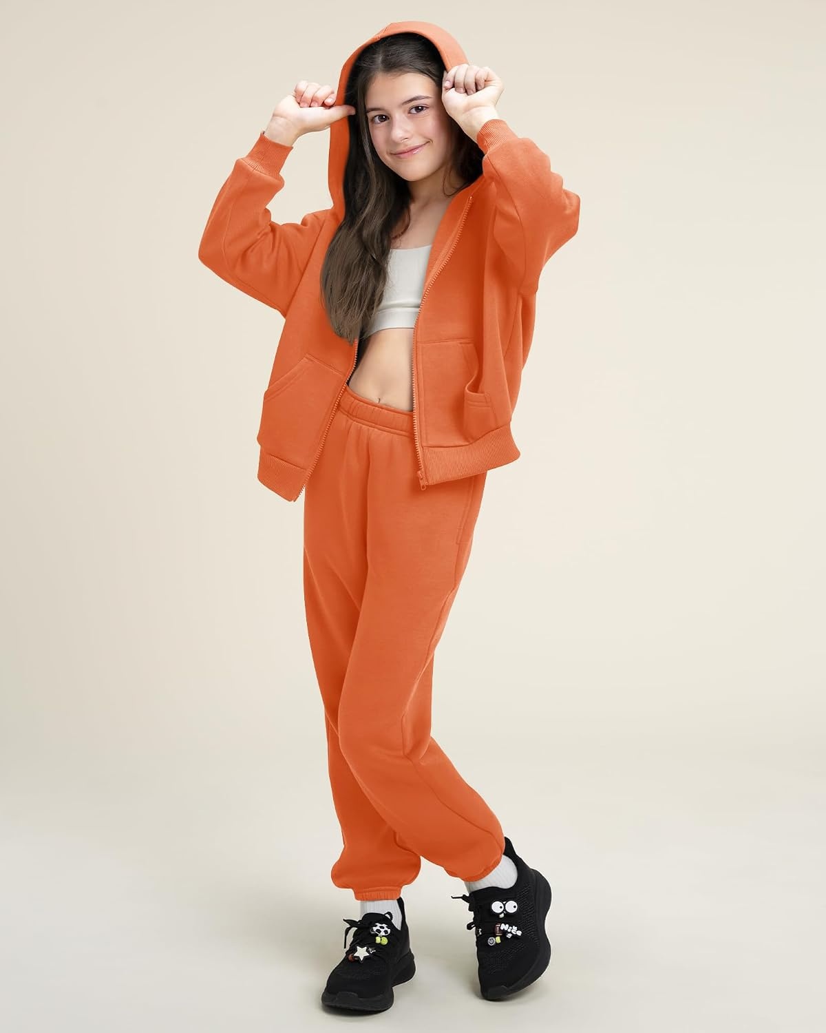 Stelle Girls 2 Piece Sweatsuit Zip Up Hoodies Joggers Tracksuit Sets 5-15Y | Fleece Lining,Thick Warm,Cozy,Hooded Jackets with Pockets,Full Zip Up Sweatshirts,Jogger with Pockets,Easy Pull On(Orange)