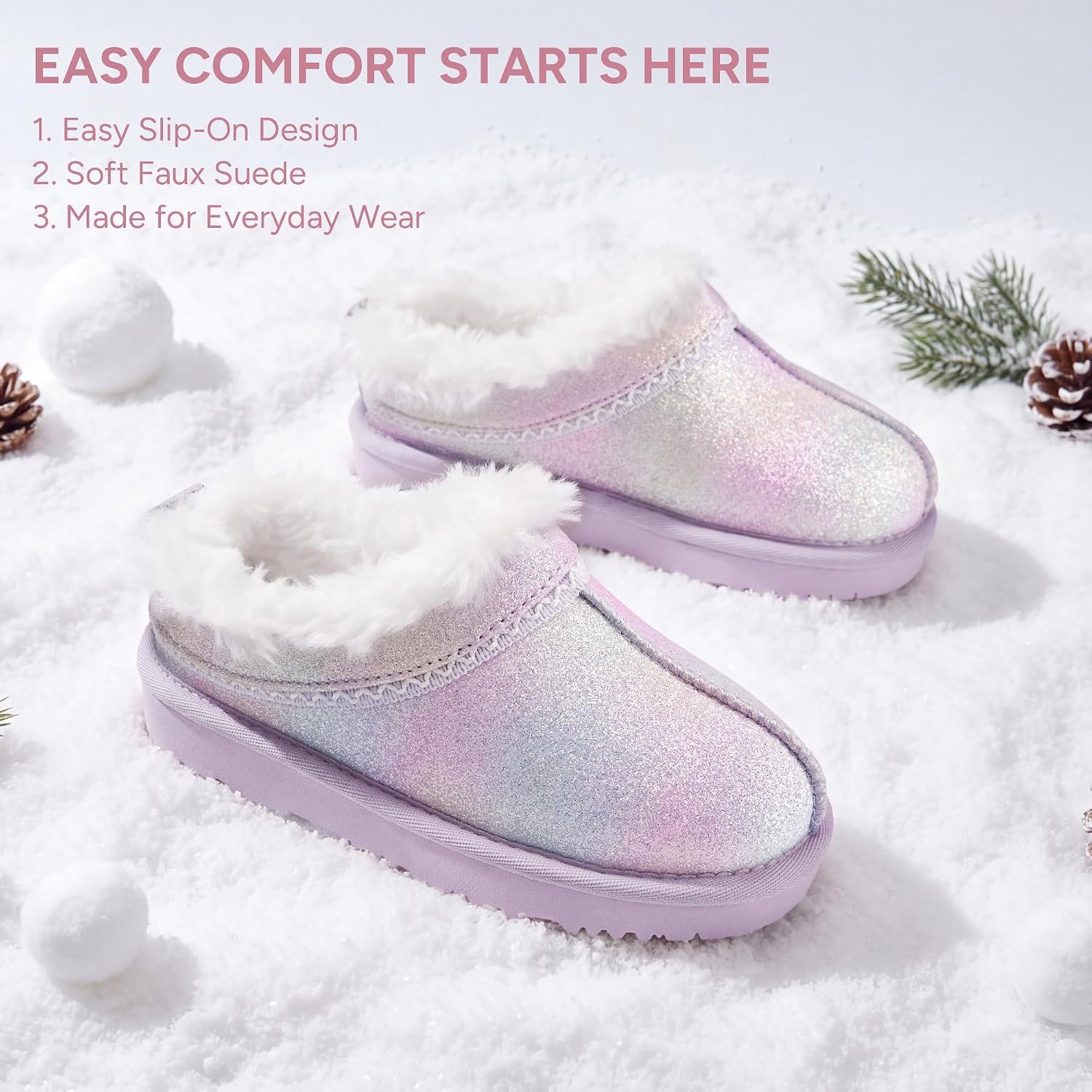 Stelle Girls Slippers Kids Fuzzy House Shoes Slip-On Indoor Outdoor(Dream Frost)