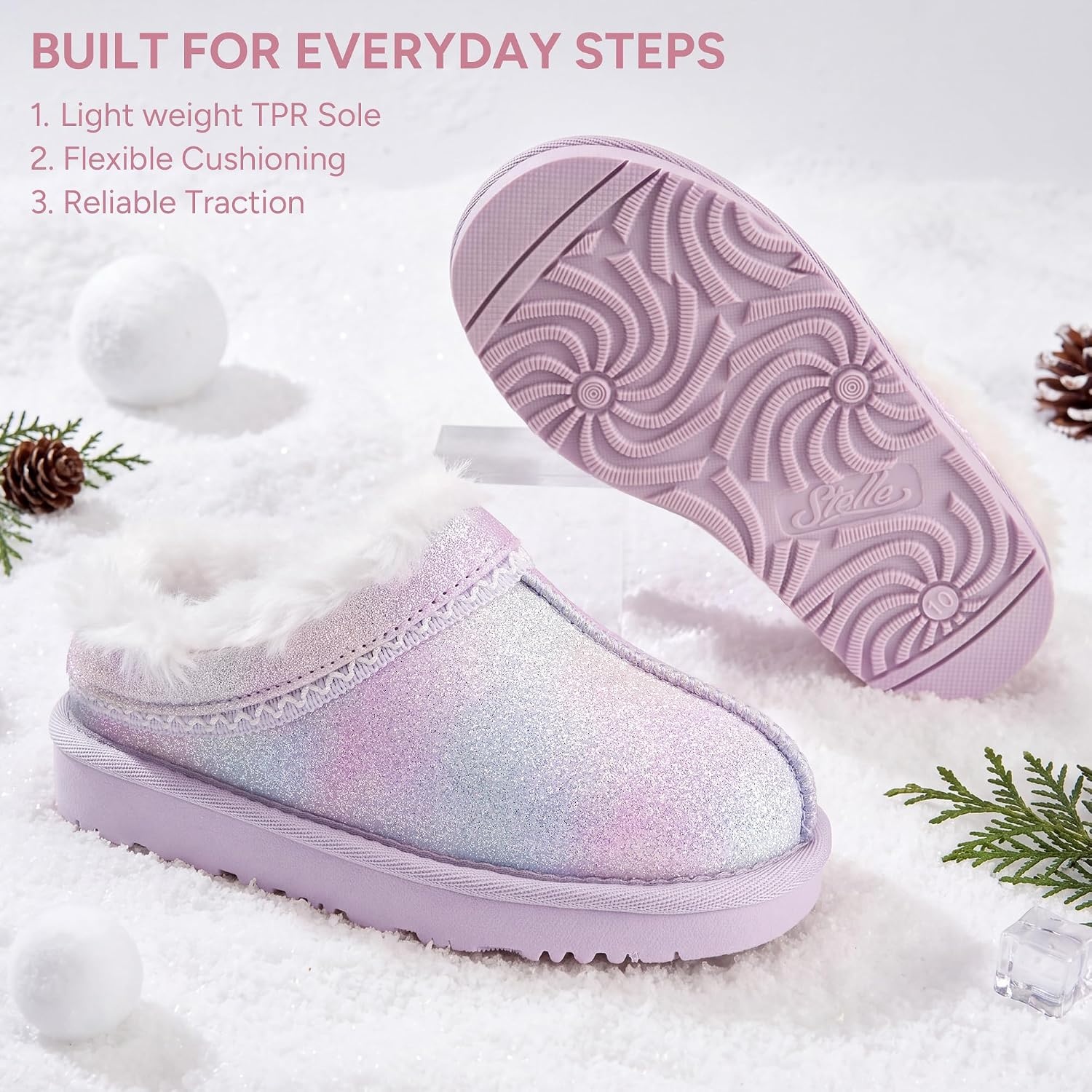 Stelle Girls Slippers Kids Fuzzy House Shoes Slip-On Indoor Outdoor(Dream Frost)