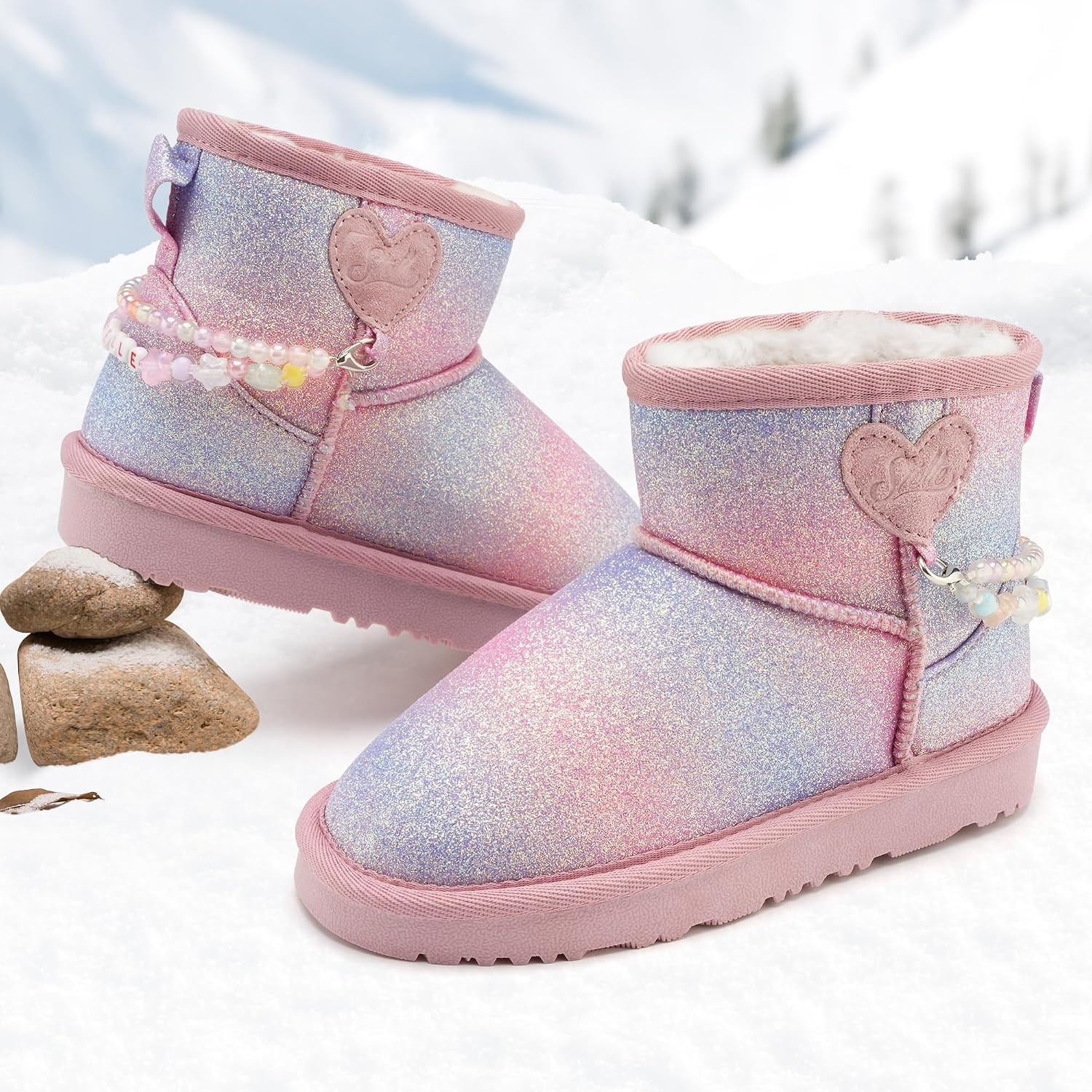 Stelle Girls Winter Boots Warm Fur Lined Snow Boots(Rainbow Blue)