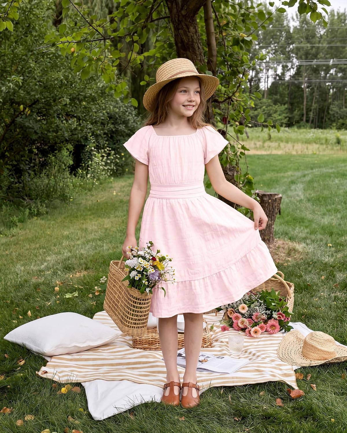 Stelle Girls Summer Casual Smocked Dress 5-15 Years | Square Neck,Smocked Back,Cotton Lining,Short Sleeve,Double Layer,A Line,Twirl,Vacation School Beach Holiday Skater Dress(Light Pink)