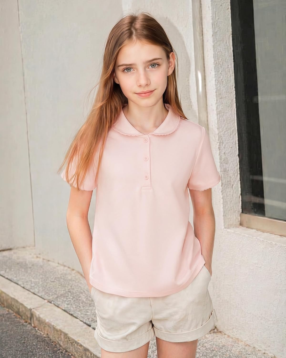 Stelle Girls Polo Shirts School Uniform Peter Pan Collar Short Sleeve Tops | Ruffle, Pique, Cotton-Blend, Button Down, Solid-Color, Classic, Basic, Lightweight, Breathable, Soft, Comfy, Kids Clothes(Light Pink)