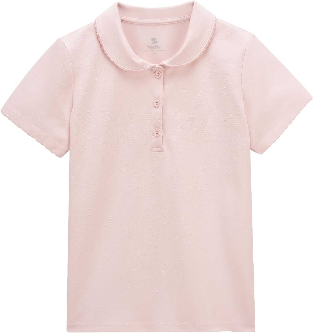 Stelle Girls Polo Shirts School Uniform Peter Pan Collar Short Sleeve Tops | Ruffle, Pique, Cotton-Blend, Button Down, Solid-Color, Classic, Basic, Lightweight, Breathable, Soft, Comfy, Kids Clothes(Light Pink)
