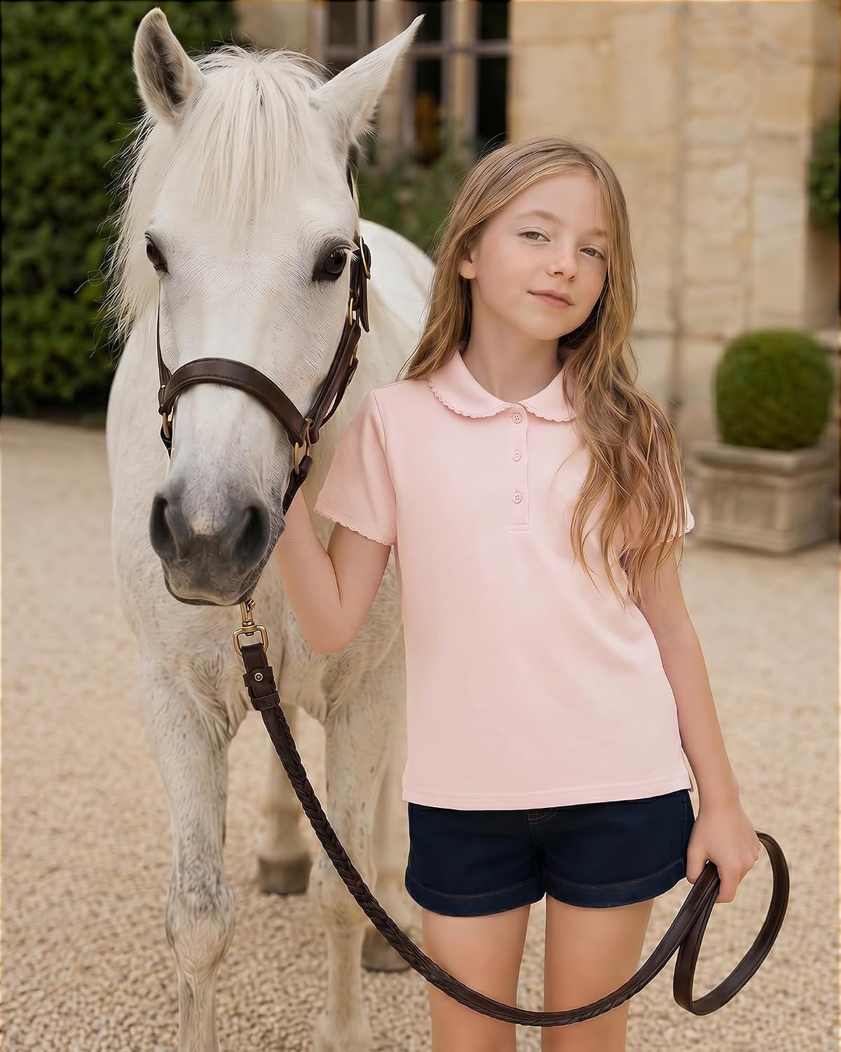 Stelle Girls Polo Shirts School Uniform Peter Pan Collar Short Sleeve Tops | Ruffle, Pique, Cotton-Blend, Button Down, Solid-Color, Classic, Basic, Lightweight, Breathable, Soft, Comfy, Kids Clothes(Light Pink)