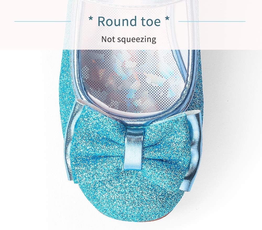 Stelle Girls Dress Shoes Glitter Princess Low Heels for Party Wedding Prom | Shiny glitter finish, Bowknot charms, 1 inch Low Heel, Cushioned comfort, Dress-up, Special occasions, Comfortable fit(T08-elsa Blue Glitter)