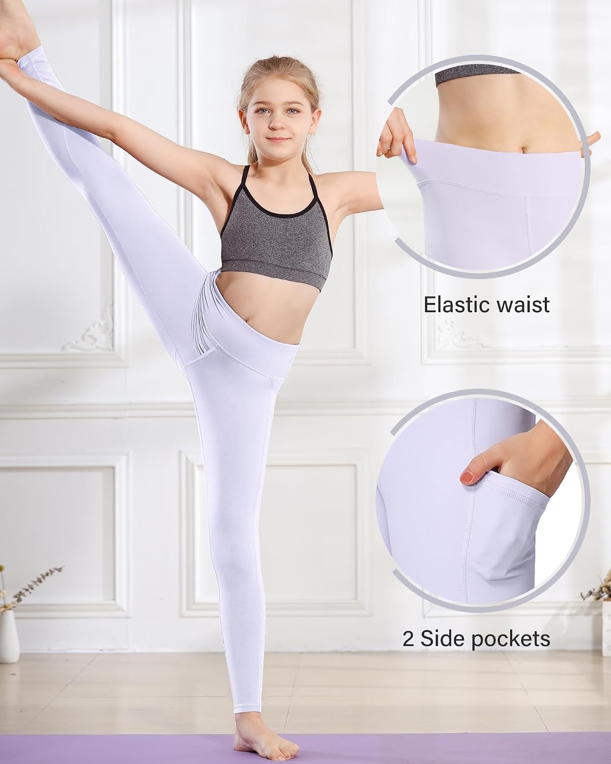Stelle Girls Leggings with Pockets Kids Dance Yoga Running Athletic Pants(Lavender (2 Side Pocket))