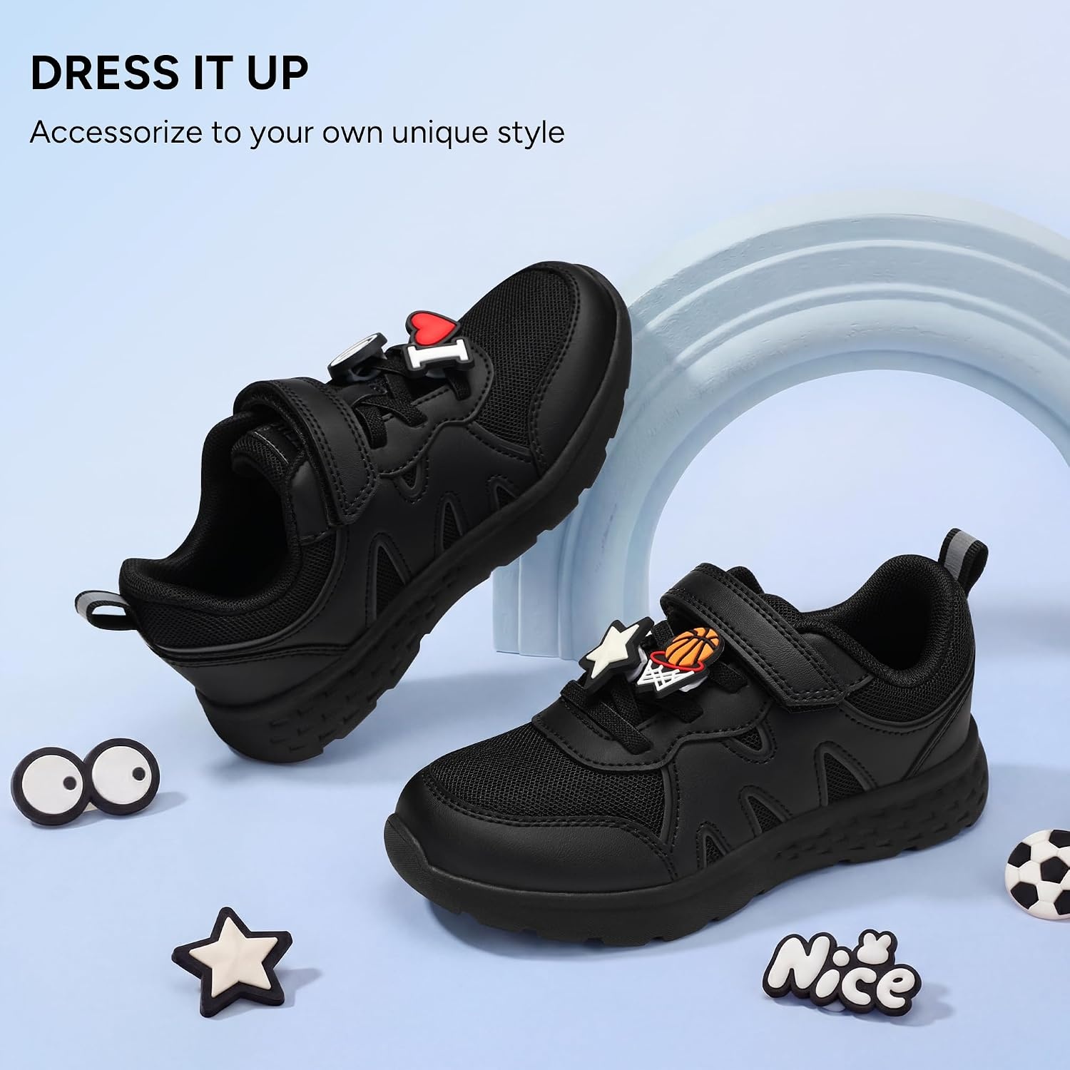 Stelle Tennis Shoes for Girls Kids Sneakers | Non-Slip Sole Lightweight Breathable Athletic Sports Running Shoes for Toddler/Little Kid/Big Kid(Ninja Black+charms)