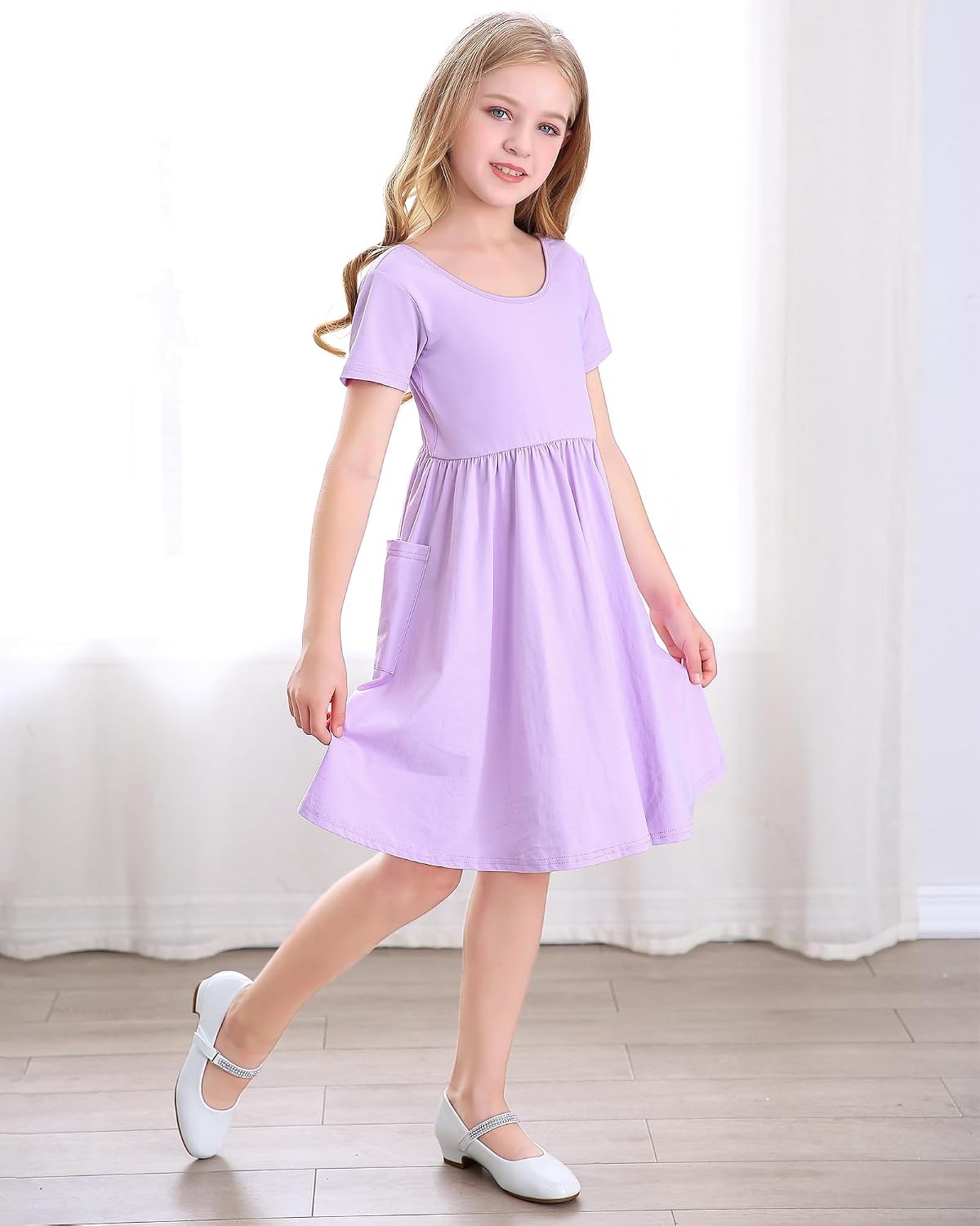Stelle Girls Cotton Short Sleeve Twirl Skater Dress 3T-12Y(A19-lavender (With Pocket))