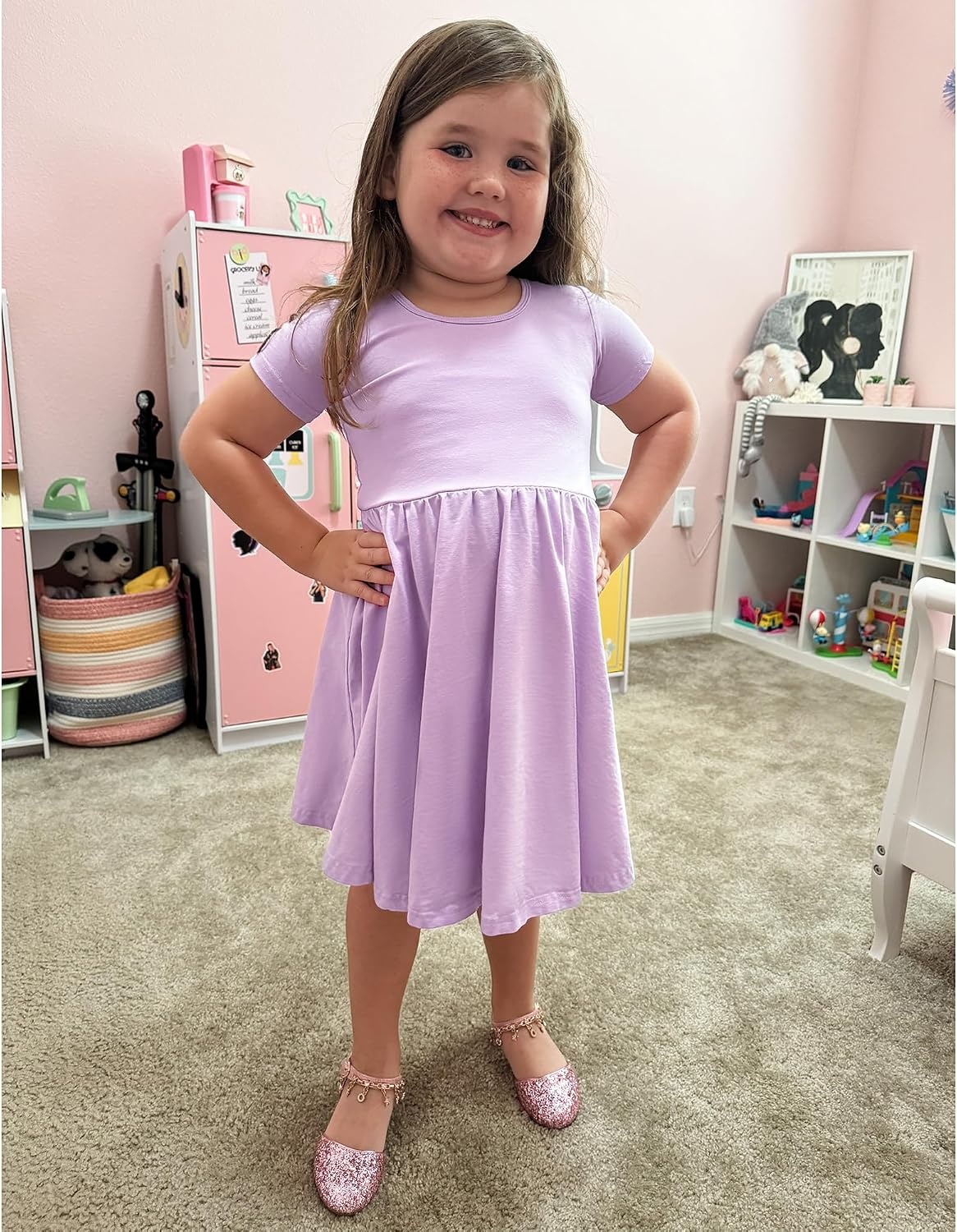 Stelle Girls Cotton Short Sleeve Twirl Skater Dress 3T-12Y(A19-lavender (With Pocket))