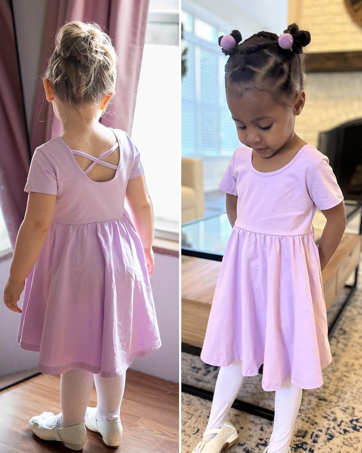 Stelle Girls Cotton Short Sleeve Twirl Skater Dress 3T-12Y(A19-lavender (With Pocket))