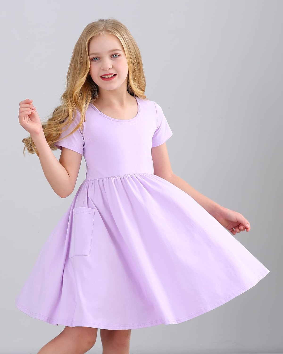 Stelle Girls Cotton Short Sleeve Twirl Skater Dress 3T-12Y(A19-lavender (With Pocket))