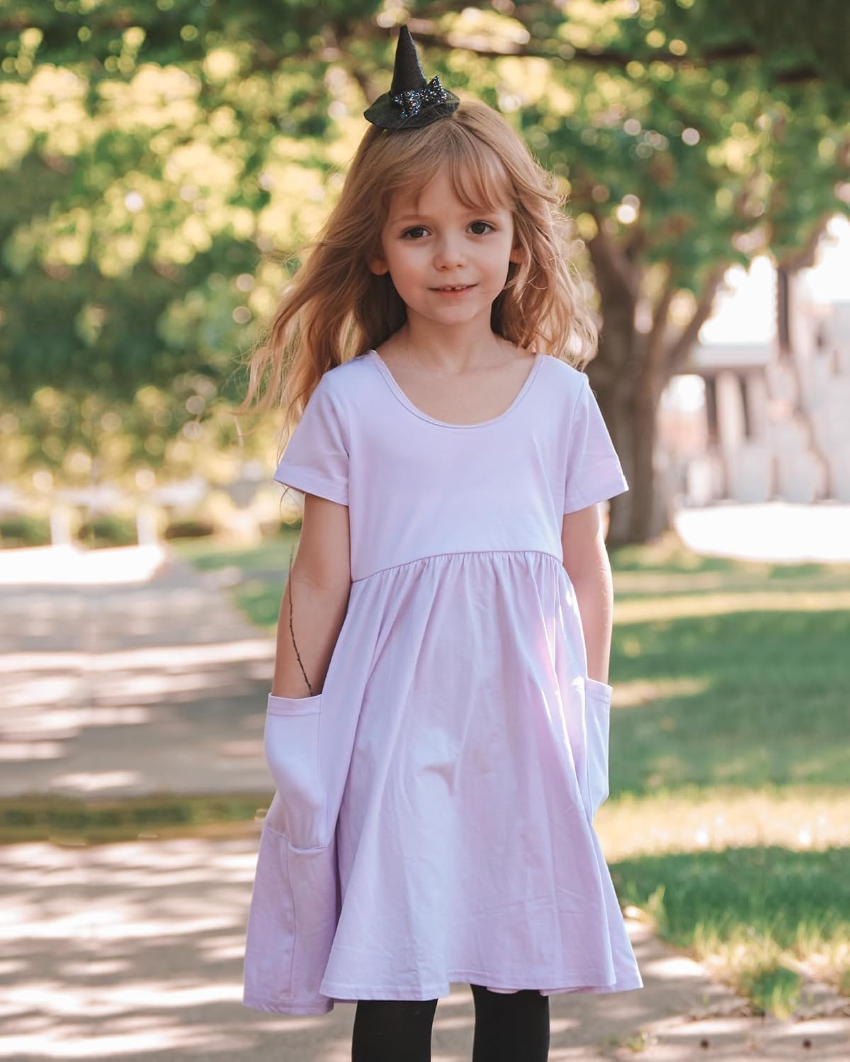 Stelle Girls Cotton Short Sleeve Twirl Skater Dress 3T-12Y(A19-lavender (With Pocket))