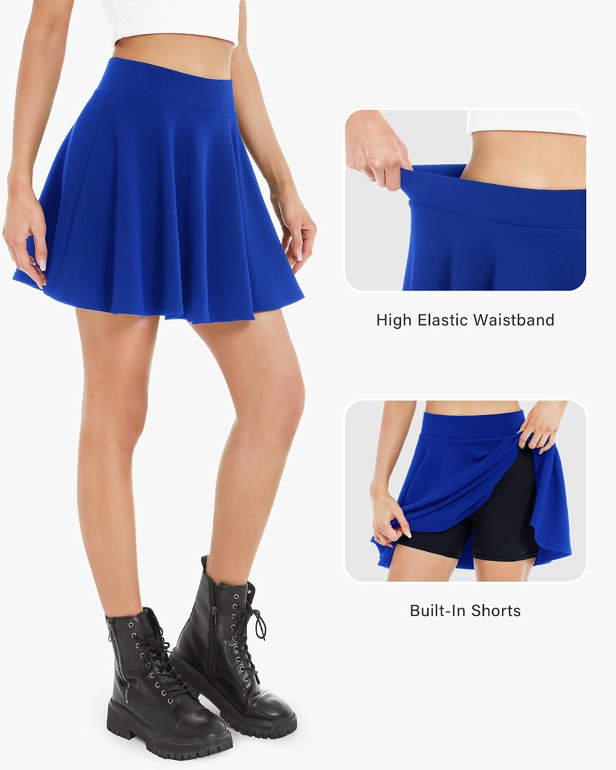 Stelle Women’s Casual Skater Skirt Flared Pleated Mini Skort with Shorts(Cobalt Blue)