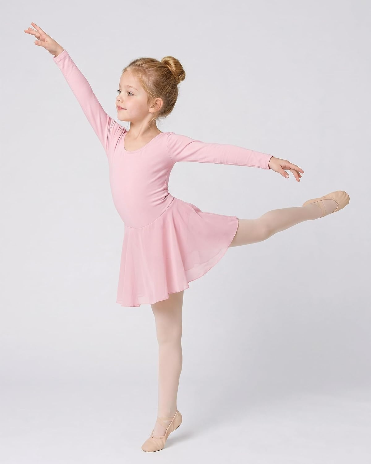 Stelle Girls Long Sleeve Leotard Dress with Footed Tights for Ballet/Dance(Ballet Pink)