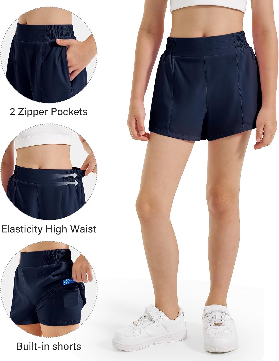 Stelle Girls Athletic Shorts with Built-in Liner Zipper Pockets High Elastic Waist Running Shorts for Teen Youth Girls(Navy)