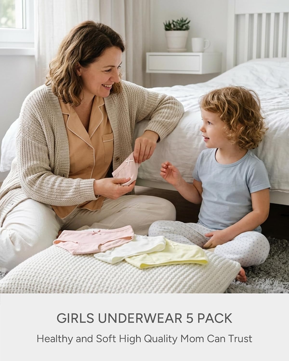 Stelle Girls Underwear Cotton Brief Toddler Breathable Soft Panties 5 Pack | Underwear for Girls Design with Cute Bow, Stretchy Waistband, Breathable Double-Layer Gusset for School Play, Everyday Wear(5 White)