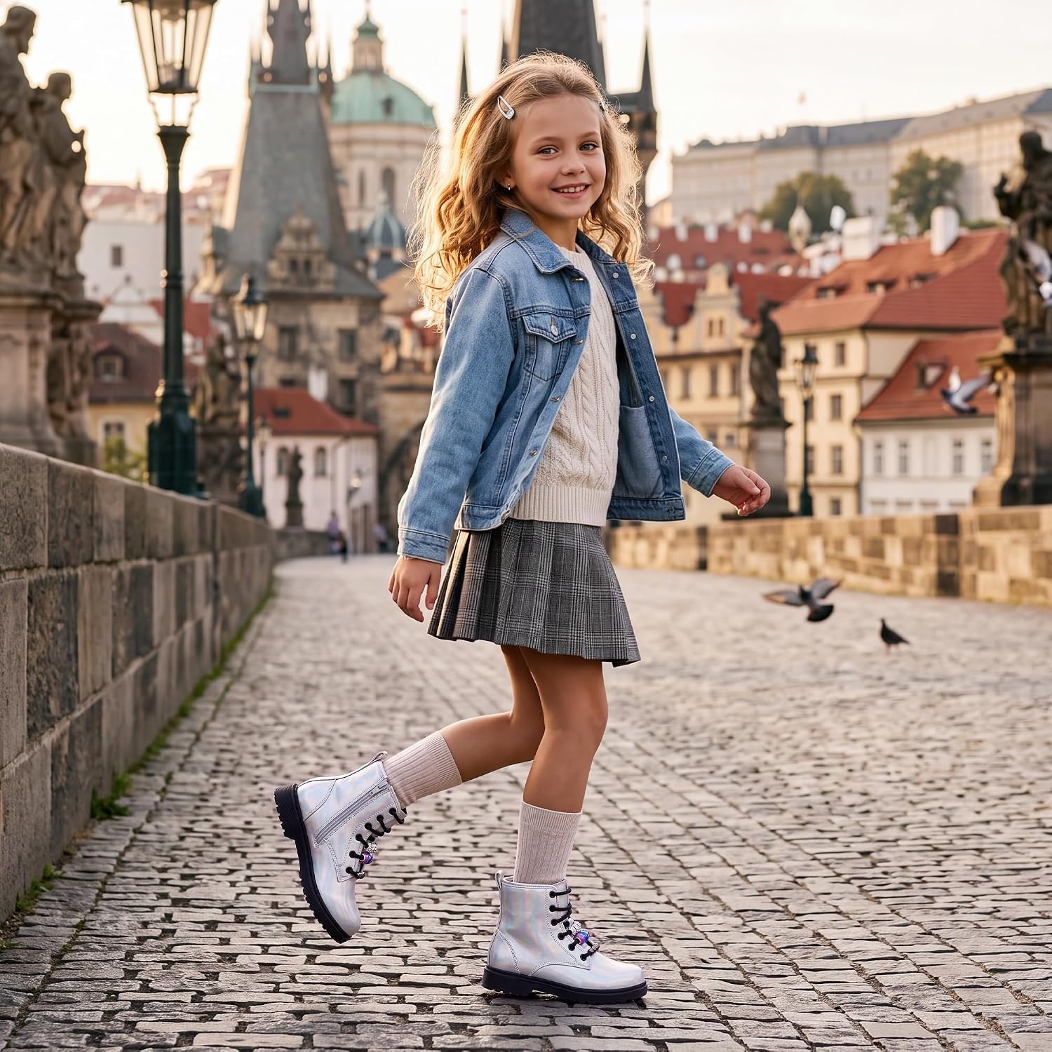 Stelle Girls Combat Boots with DIY Lace Up Side Zipper Ankle Boots | Durable faux leather, Serrated TPR outsoles, Water-resistant exterior, Inner side zipper, Colorful customizable beads(Holograph Silver)