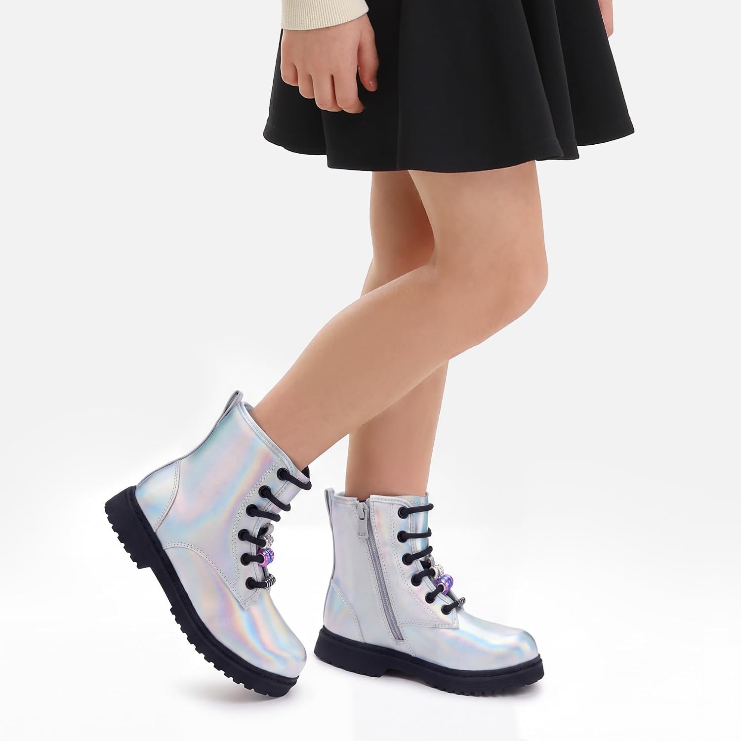 Stelle Girls Combat Boots with DIY Lace Up Side Zipper Ankle Boots | Durable faux leather, Serrated TPR outsoles, Water-resistant exterior, Inner side zipper, Colorful customizable beads(Holograph Silver)
