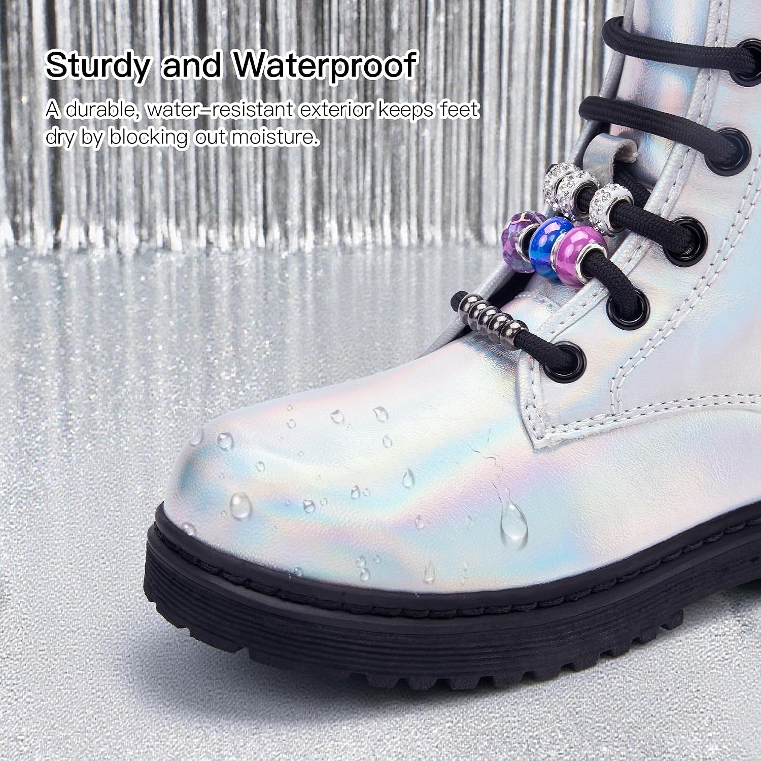 Stelle Girls Combat Boots with DIY Lace Up Side Zipper Ankle Boots | Durable faux leather, Serrated TPR outsoles, Water-resistant exterior, Inner side zipper, Colorful customizable beads(Holograph Silver)