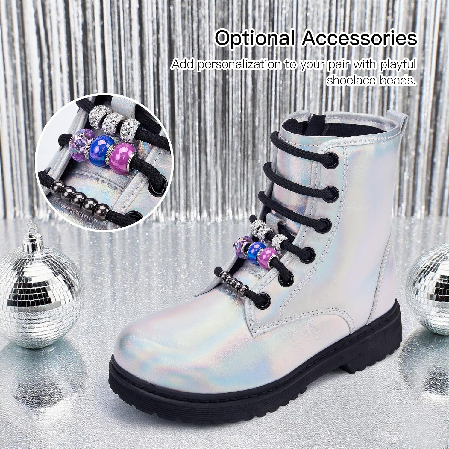 Stelle Girls Combat Boots with DIY Lace Up Side Zipper Ankle Boots | Durable faux leather, Serrated TPR outsoles, Water-resistant exterior, Inner side zipper, Colorful customizable beads(Holograph Silver)