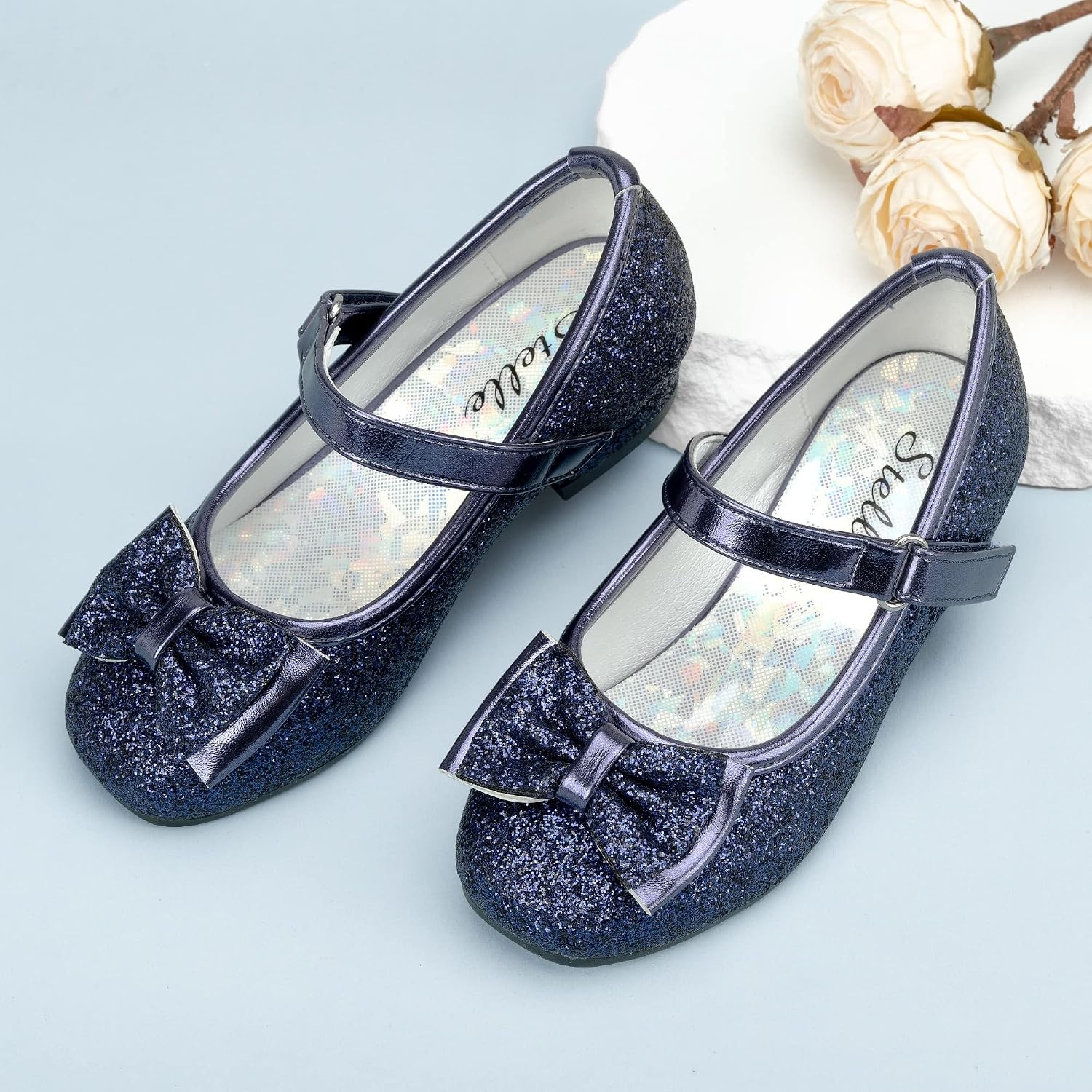 Stelle Girls Dress Shoes Glitter Princess Low Heels for Party Wedding Prom | Shiny glitter finish, Bowknot charms, 1 inch Low Heel, Cushioned comfort, Dress-up, Special occasions, Comfortable fit(T08-navy Glitter)
