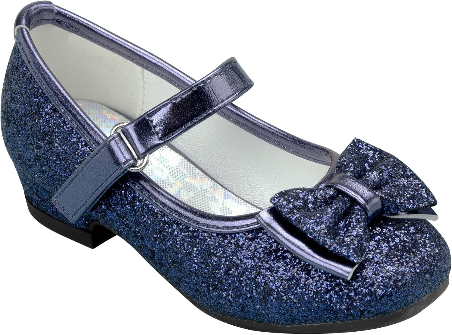 Stelle Girls Dress Shoes Glitter Princess Low Heels for Party Wedding Prom | Shiny glitter finish, Bowknot charms, 1 inch Low Heel, Cushioned comfort, Dress-up, Special occasions, Comfortable fit(T08-navy Glitter)