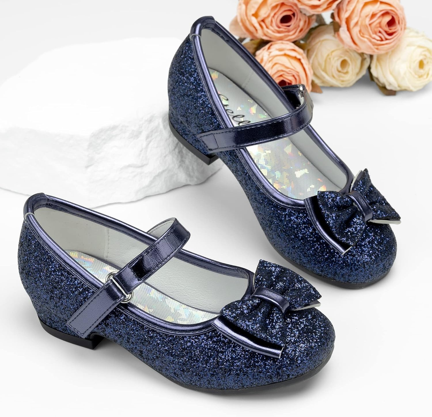 Stelle Girls Dress Shoes Glitter Princess Low Heels for Party Wedding Prom | Shiny glitter finish, Bowknot charms, 1 inch Low Heel, Cushioned comfort, Dress-up, Special occasions, Comfortable fit(T08-navy Glitter)