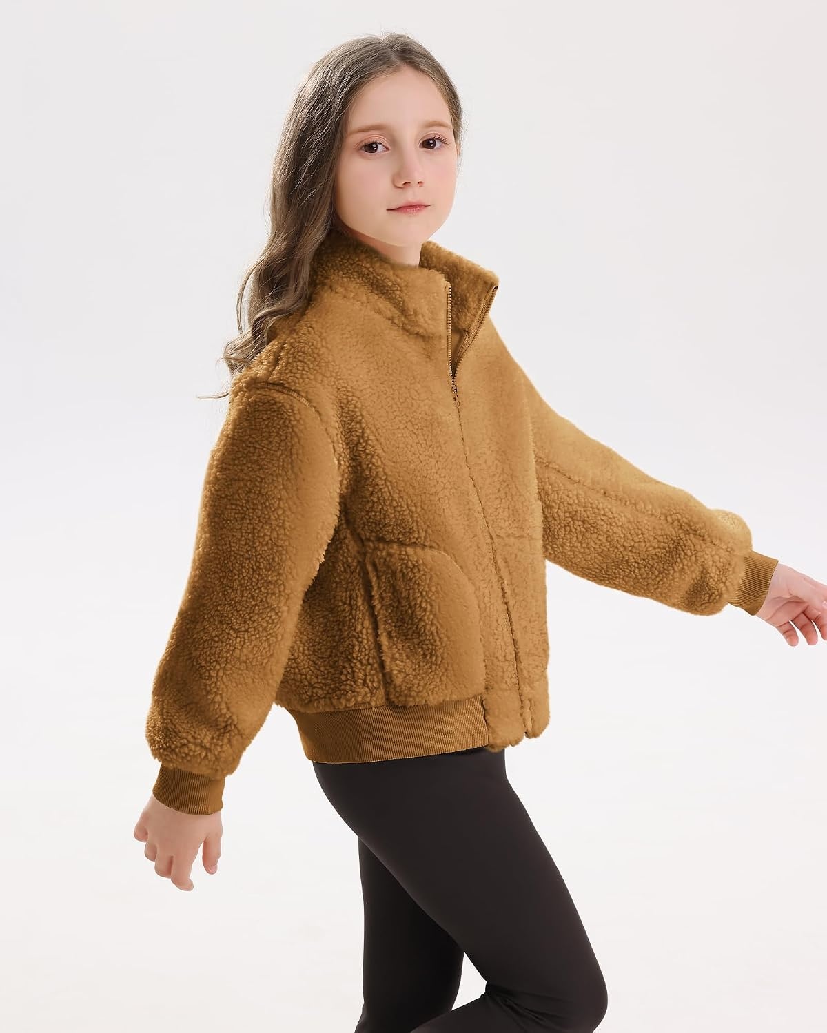Stelle Girls Sherpa Jacket Fleece Coat Full Zip Outerwear with Pockets(Chestnut)