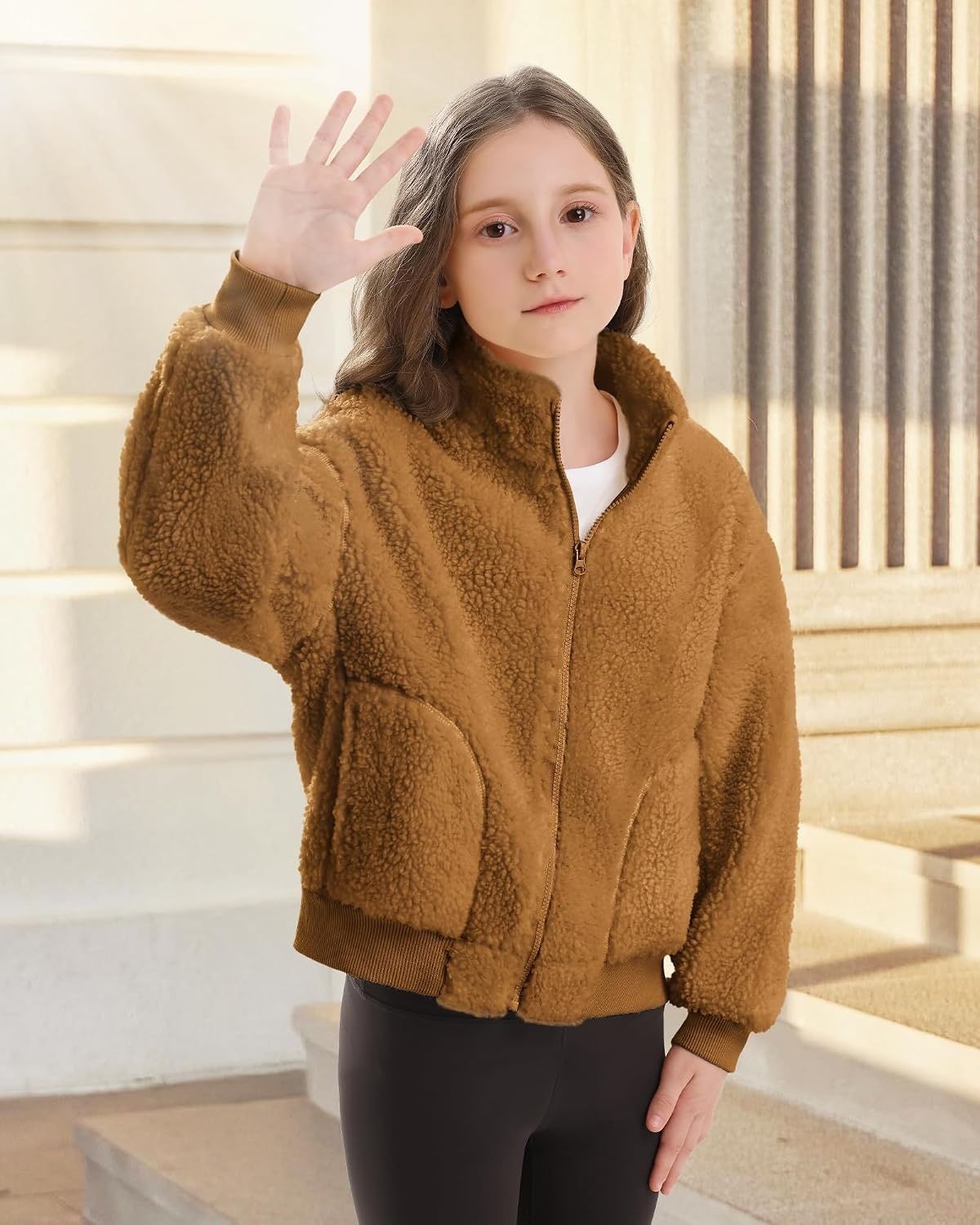 Stelle Girls Sherpa Jacket Fleece Coat Full Zip Outerwear with Pockets(Chestnut)