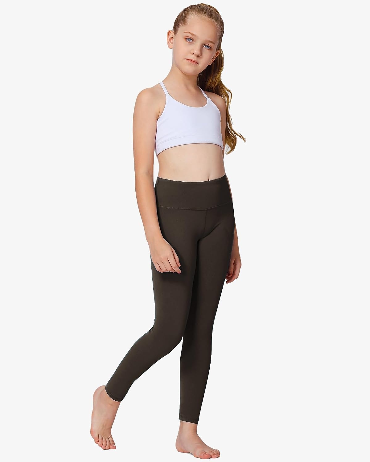 Stelle Girls Leggings with Hidden Pocket for Kids Dance Yoga Athletic Pants | High-rise waistband,Soft 4-way stretch,Moisture-wicking,Non see-through for dance,gymnastics,yoga,running and daily wear(Espresso)