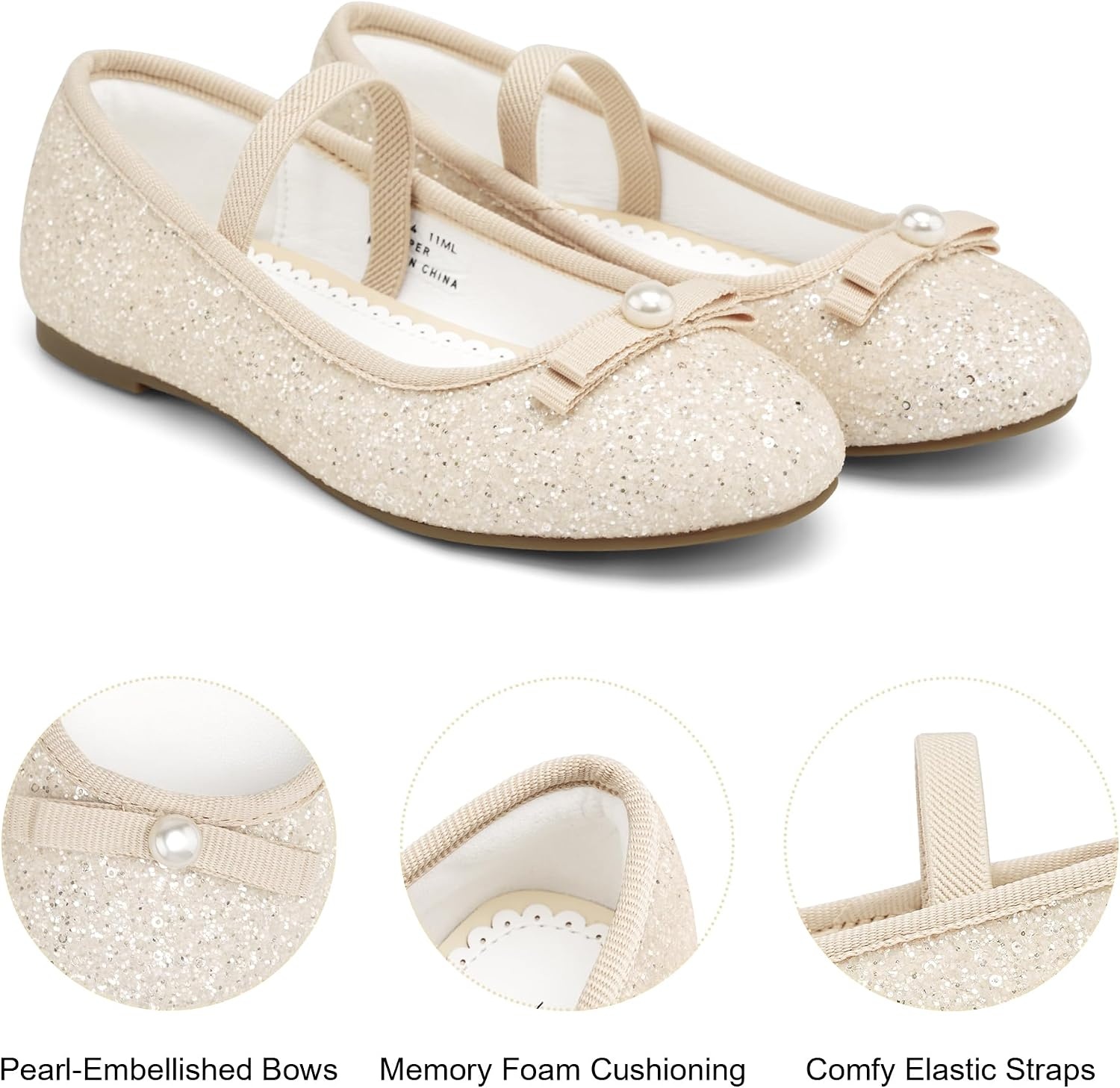 Stelle Girls Glitter Dress Shoes Flats with Pearl Bow for Party Flower Girl | Elastic strap, Cushioned comfort, Princess shoes, Ballet flat style, Flower girl, Dress-up, Special occasions(Champagne)