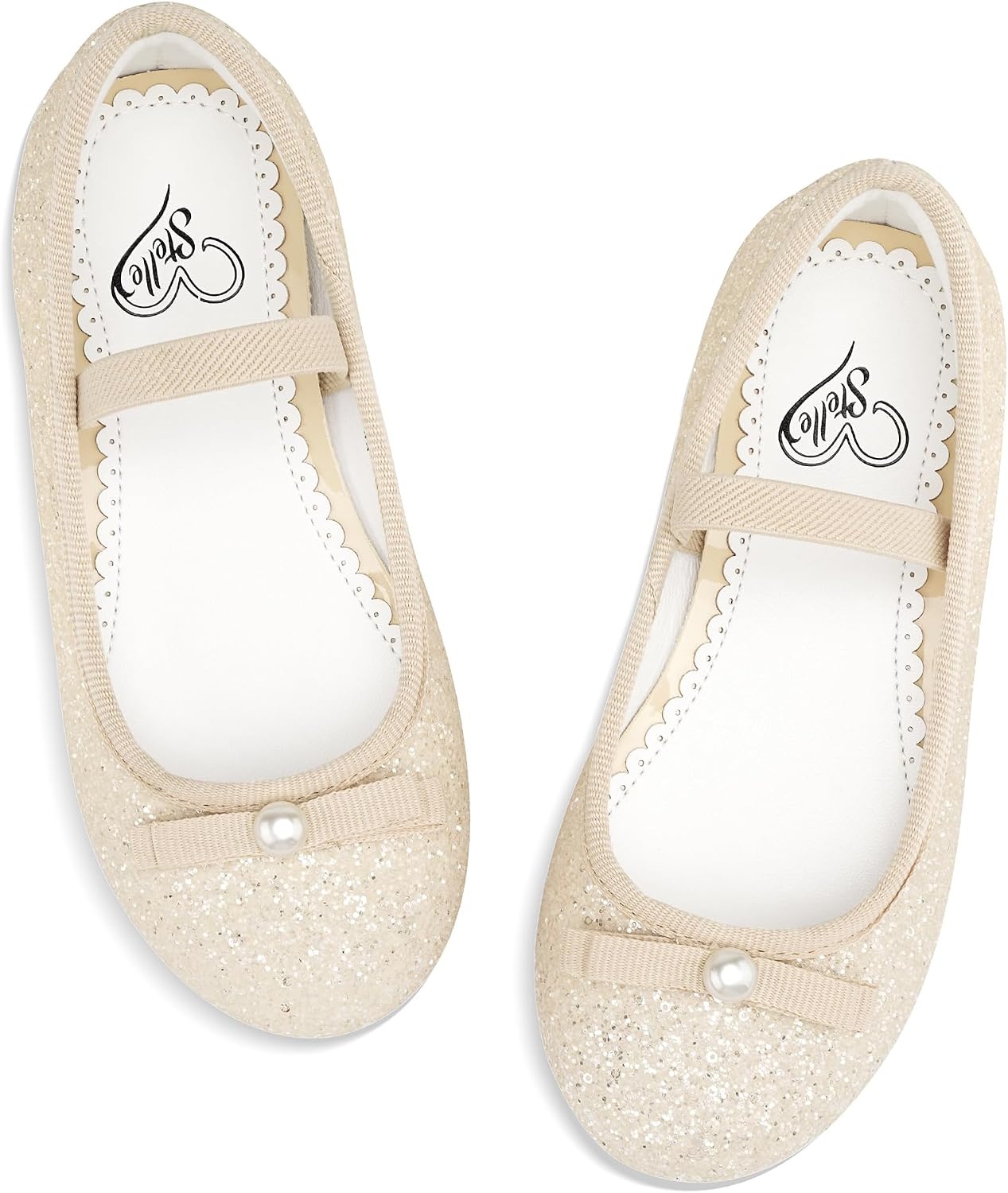 Stelle Girls Glitter Dress Shoes Flats with Pearl Bow for Party Flower Girl | Elastic strap, Cushioned comfort, Princess shoes, Ballet flat style, Flower girl, Dress-up, Special occasions(Champagne)