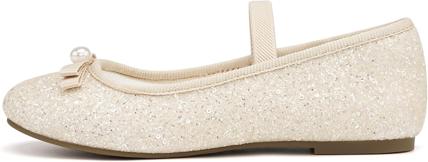 Stelle Girls Glitter Dress Shoes Flats with Pearl Bow for Party Flower Girl | Elastic strap, Cushioned comfort, Princess shoes, Ballet flat style, Flower girl, Dress-up, Special occasions(Champagne)
