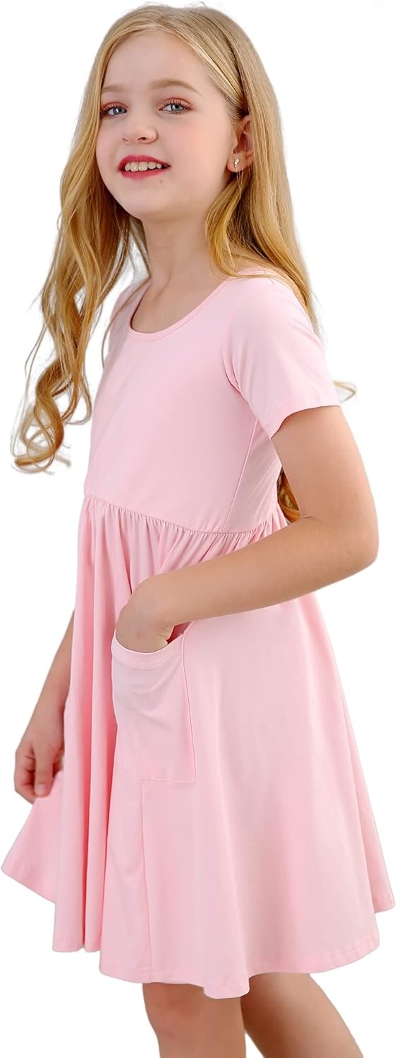 Stelle Girls Cotton Short Sleeve Twirl Skater Dress 3T-12Y | Twirl-Friendly Skirt, A Line,Criss Cross Back,Dress for School,Dance,Playwear,Casual,Active,Soft Stretch Breathable Comfy(A19-pink (With Pocket))