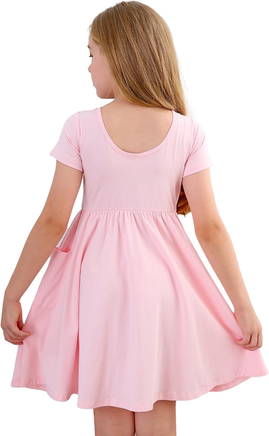 Stelle Girls Cotton Short Sleeve Twirl Skater Dress 3T-12Y | Twirl-Friendly Skirt, A Line,Criss Cross Back,Dress for School,Dance,Playwear,Casual,Active,Soft Stretch Breathable Comfy(A19-pink (With Pocket))