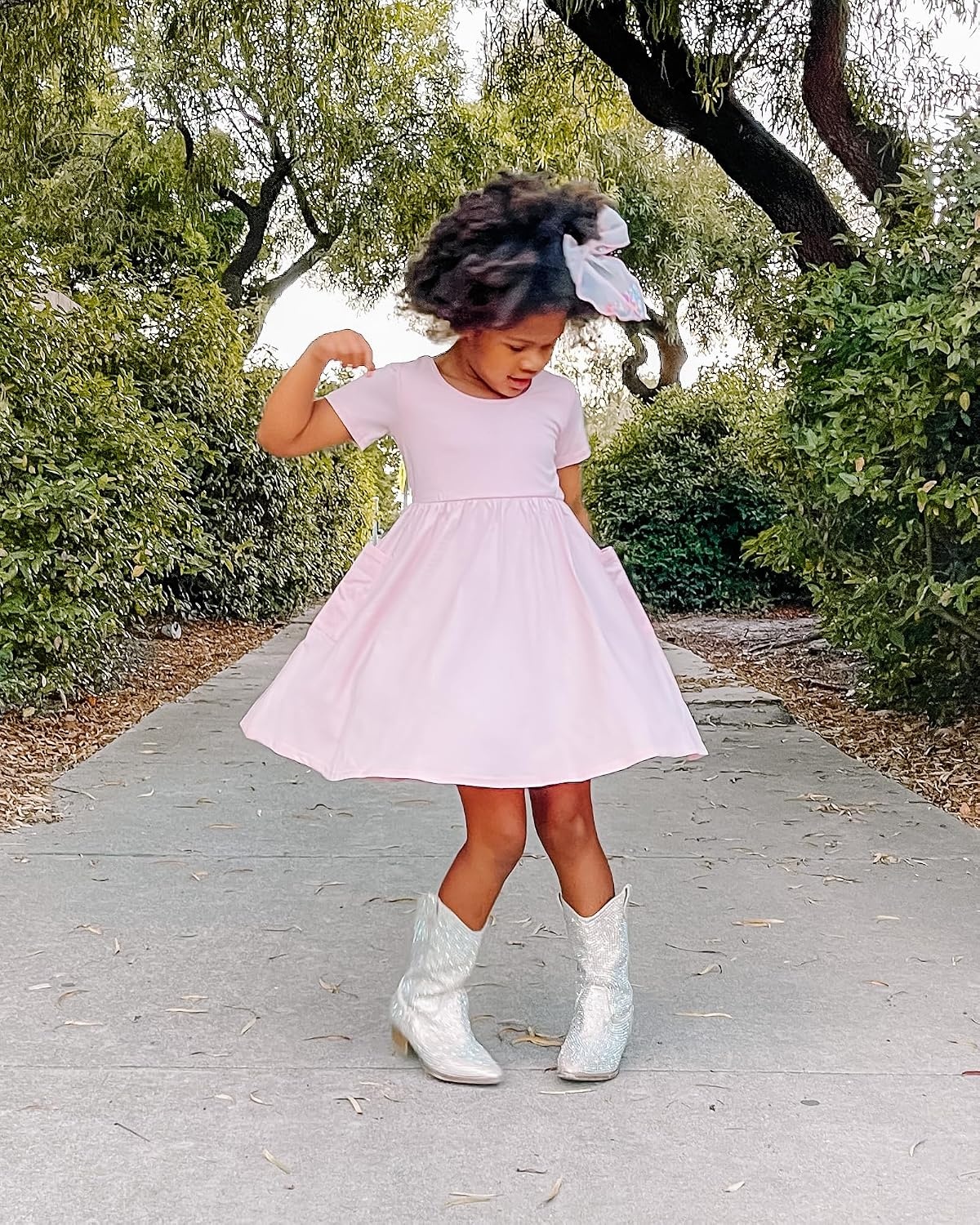 Stelle Girls Cotton Short Sleeve Twirl Skater Dress 3T-12Y | Twirl-Friendly Skirt, A Line,Criss Cross Back,Dress for School,Dance,Playwear,Casual,Active,Soft Stretch Breathable Comfy(A19-pink (With Pocket))