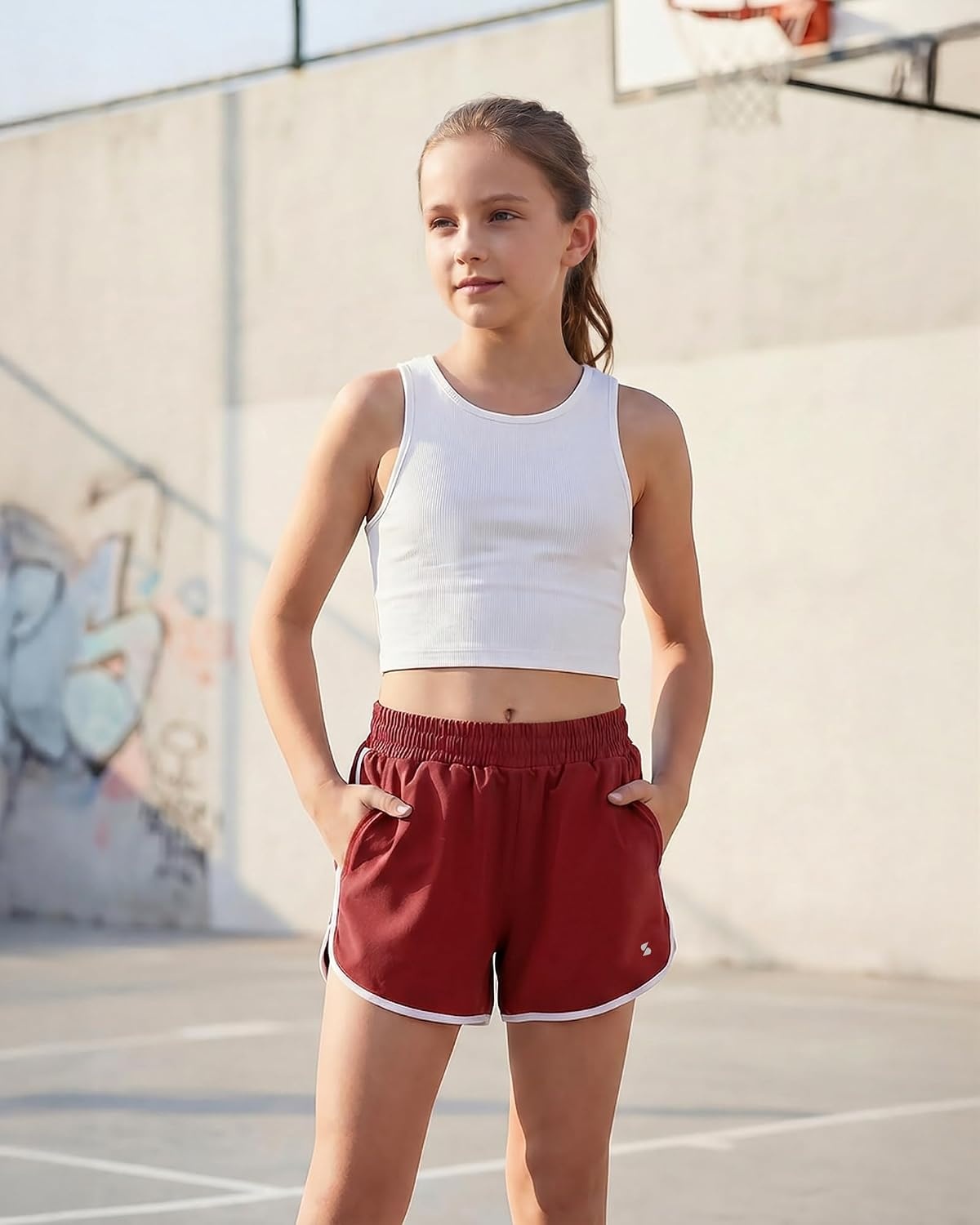 Stelle Girls Athletic Shorts with Pockets Quick Dry Running Shorts Gymnastics Basketball Short for Teen Kids(Crimson)