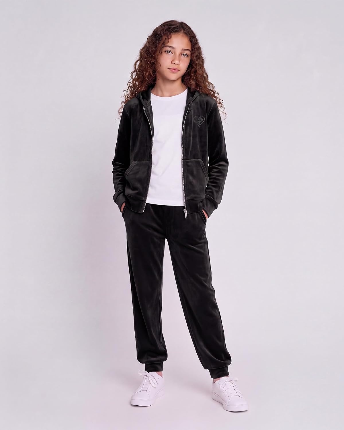 Stelle Girls Velour Tracksuits Zip Up Hoodies Joggers with Pockets 5-15 Y(Black)