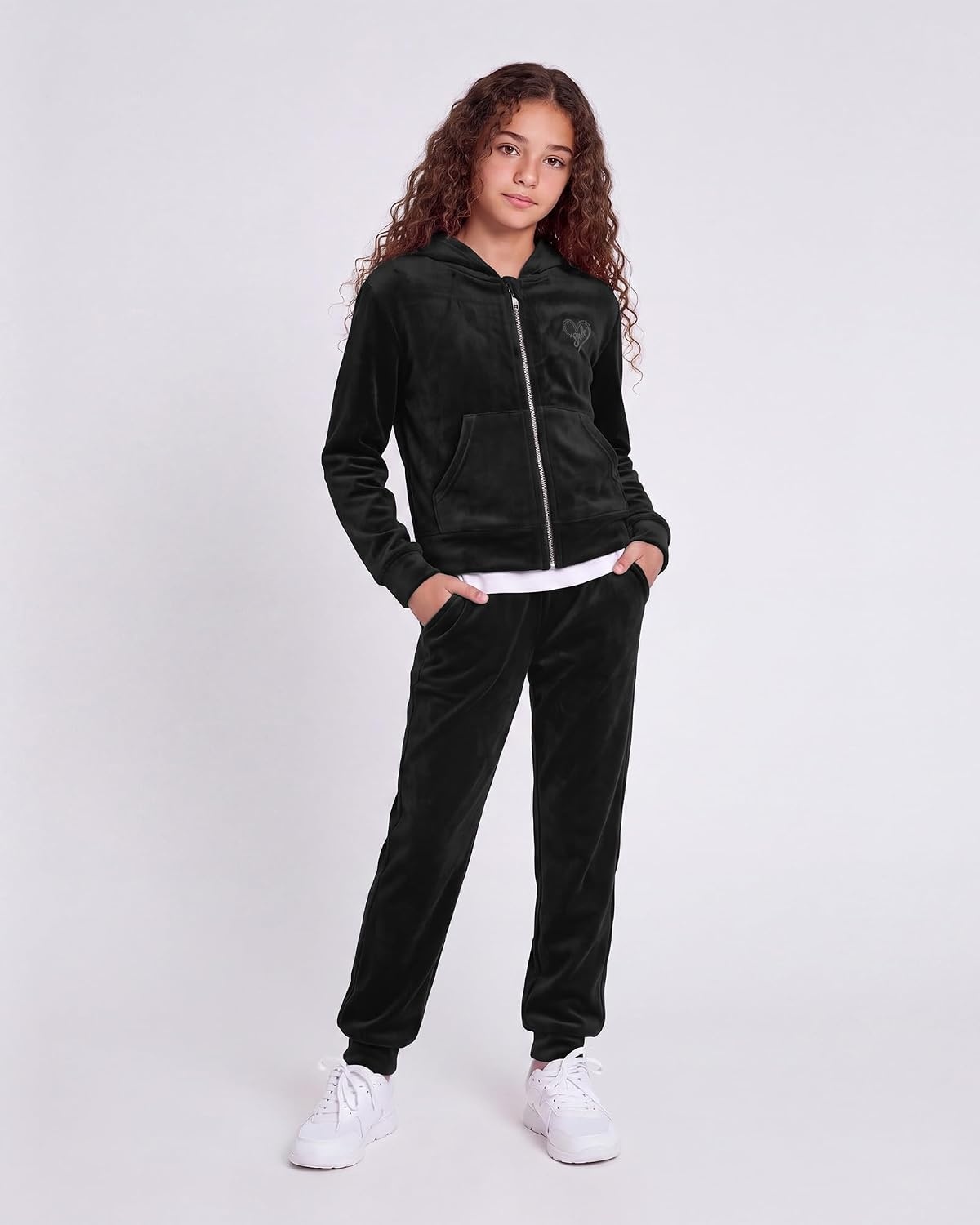 Stelle Girls Velour Tracksuits Zip Up Hoodies Joggers with Pockets 5-15 Y(Black)