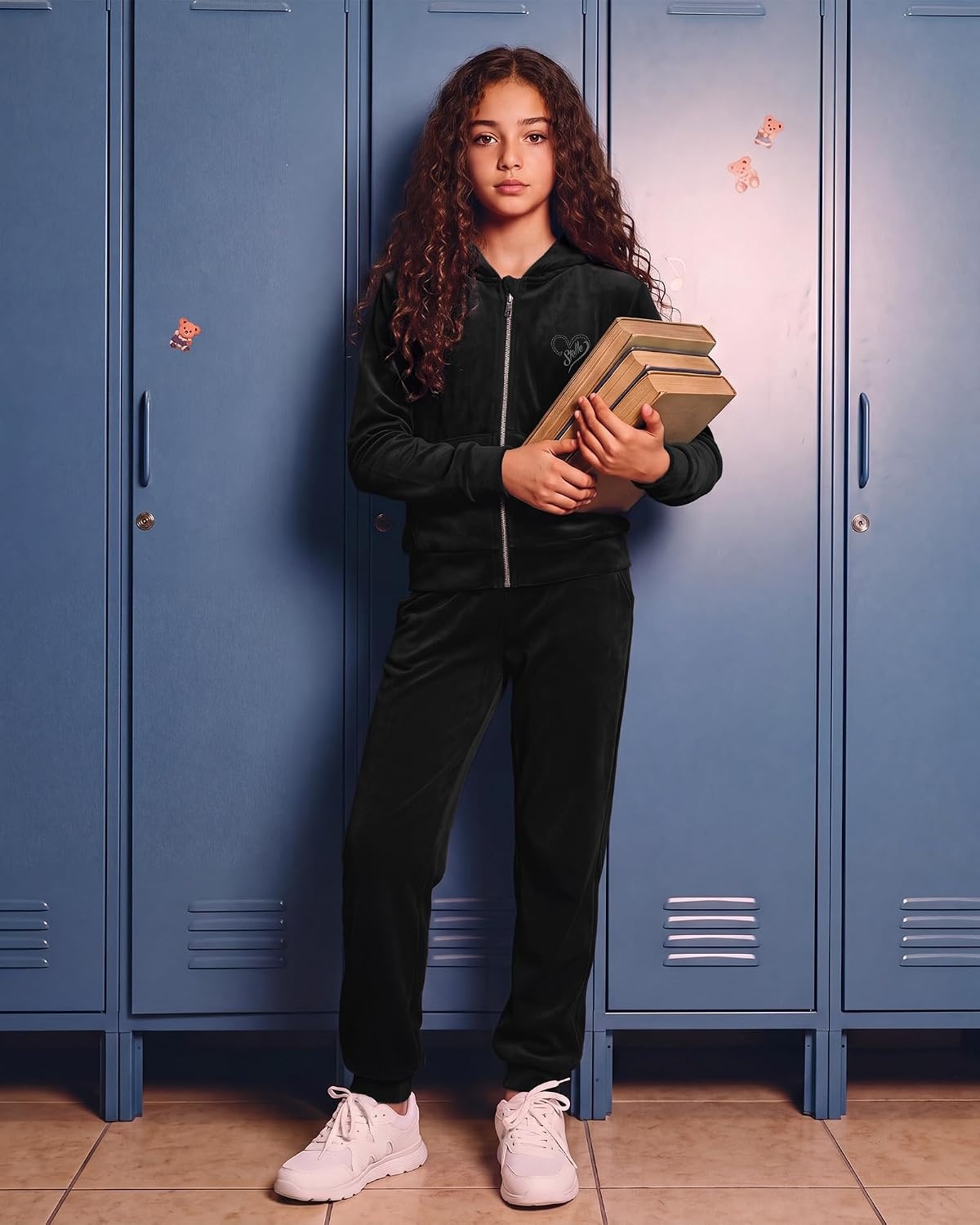 Stelle Girls Velour Tracksuits Zip Up Hoodies Joggers with Pockets 5-15 Y(Black)