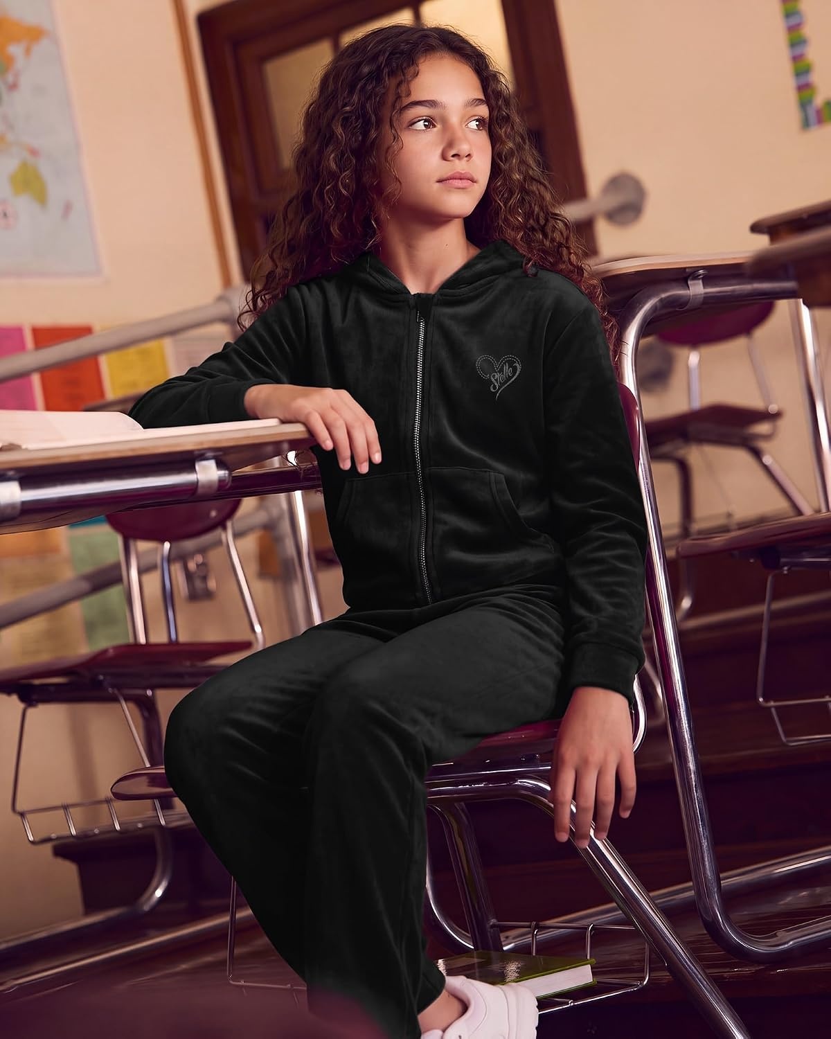 Stelle Girls Velour Tracksuits Zip Up Hoodies Joggers with Pockets 5-15 Y(Black)