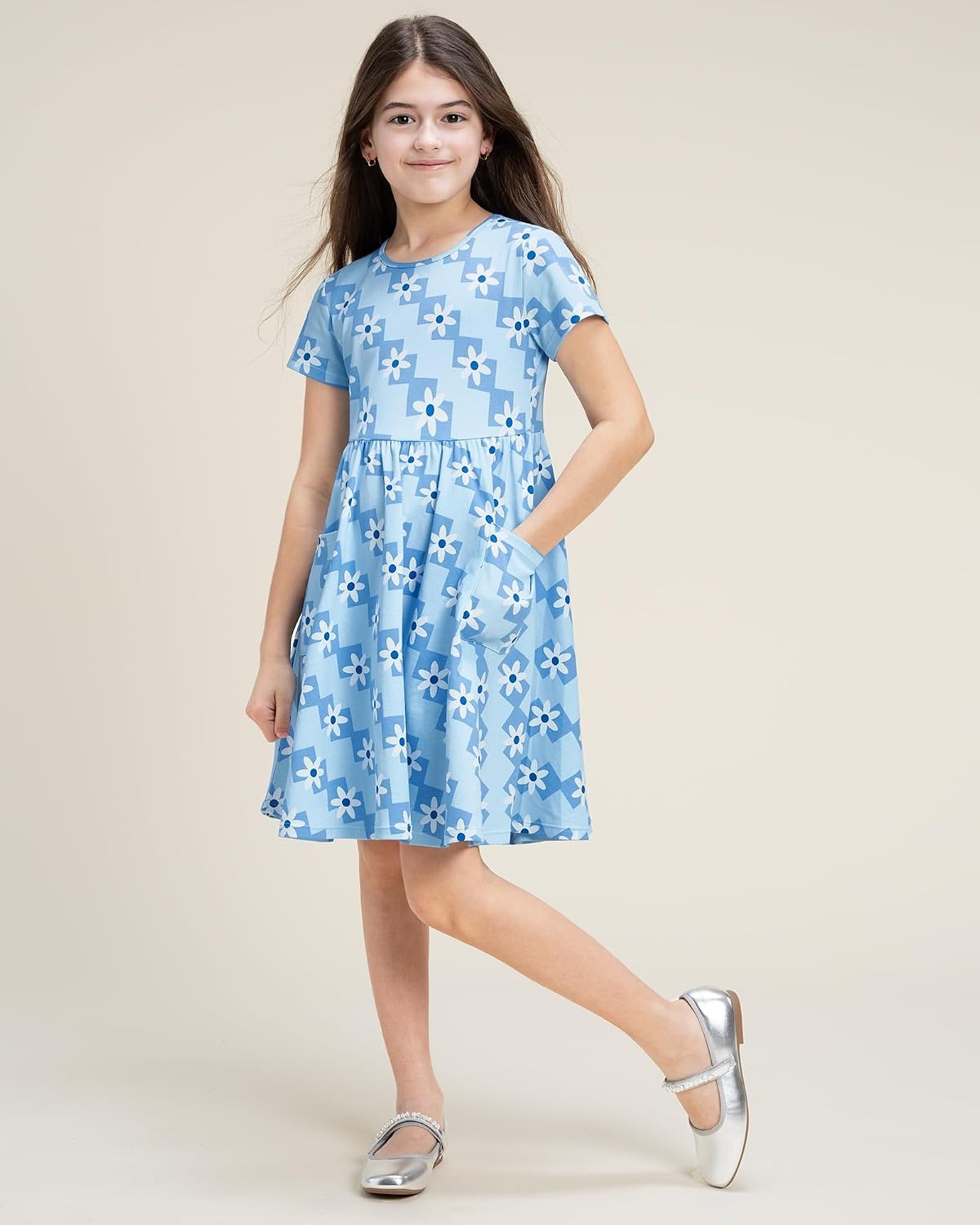 Stelle Girls Cotton Short Sleeve Twirl Skater Dress 3T-12Y | Twirl-Friendly Skirt, A Line,Criss Cross Back,Dress for School,Dance,Playwear,Casual,Active,Soft Stretch Breathable Comfy(Mosaic Daisy Print)
