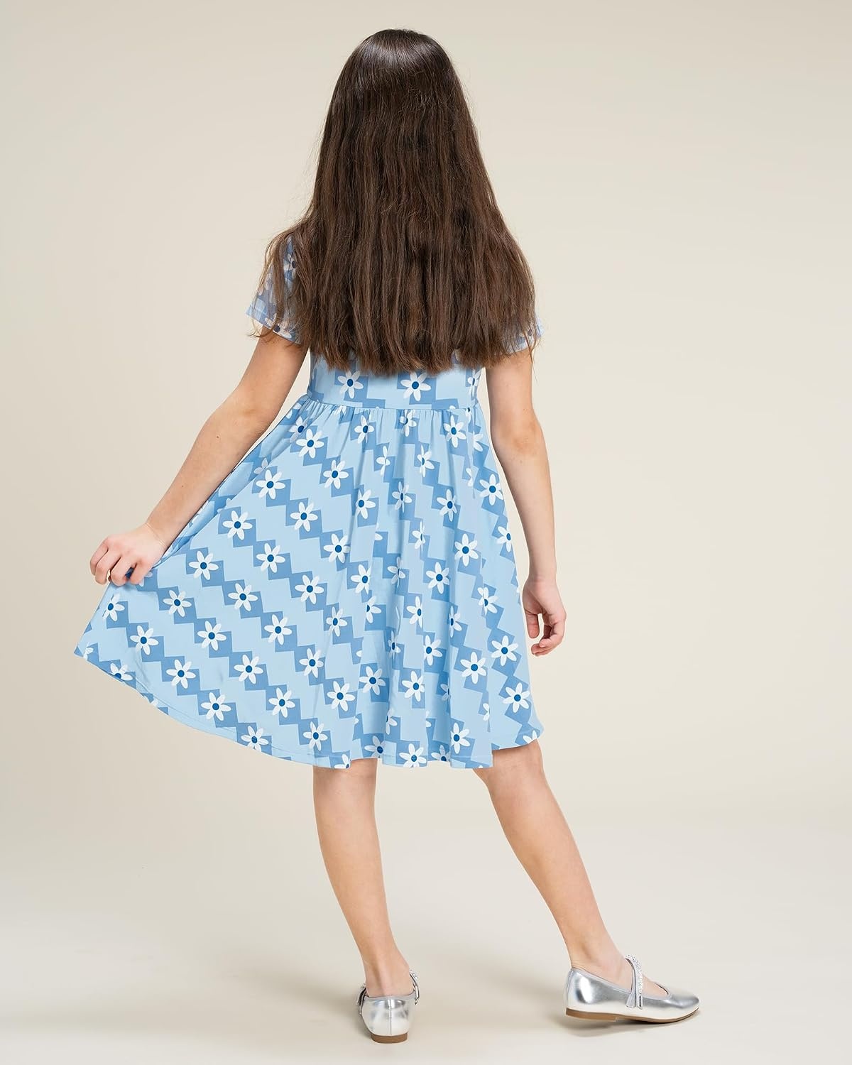 Stelle Girls Cotton Short Sleeve Twirl Skater Dress 3T-12Y | Twirl-Friendly Skirt, A Line,Criss Cross Back,Dress for School,Dance,Playwear,Casual,Active,Soft Stretch Breathable Comfy(Mosaic Daisy Print)