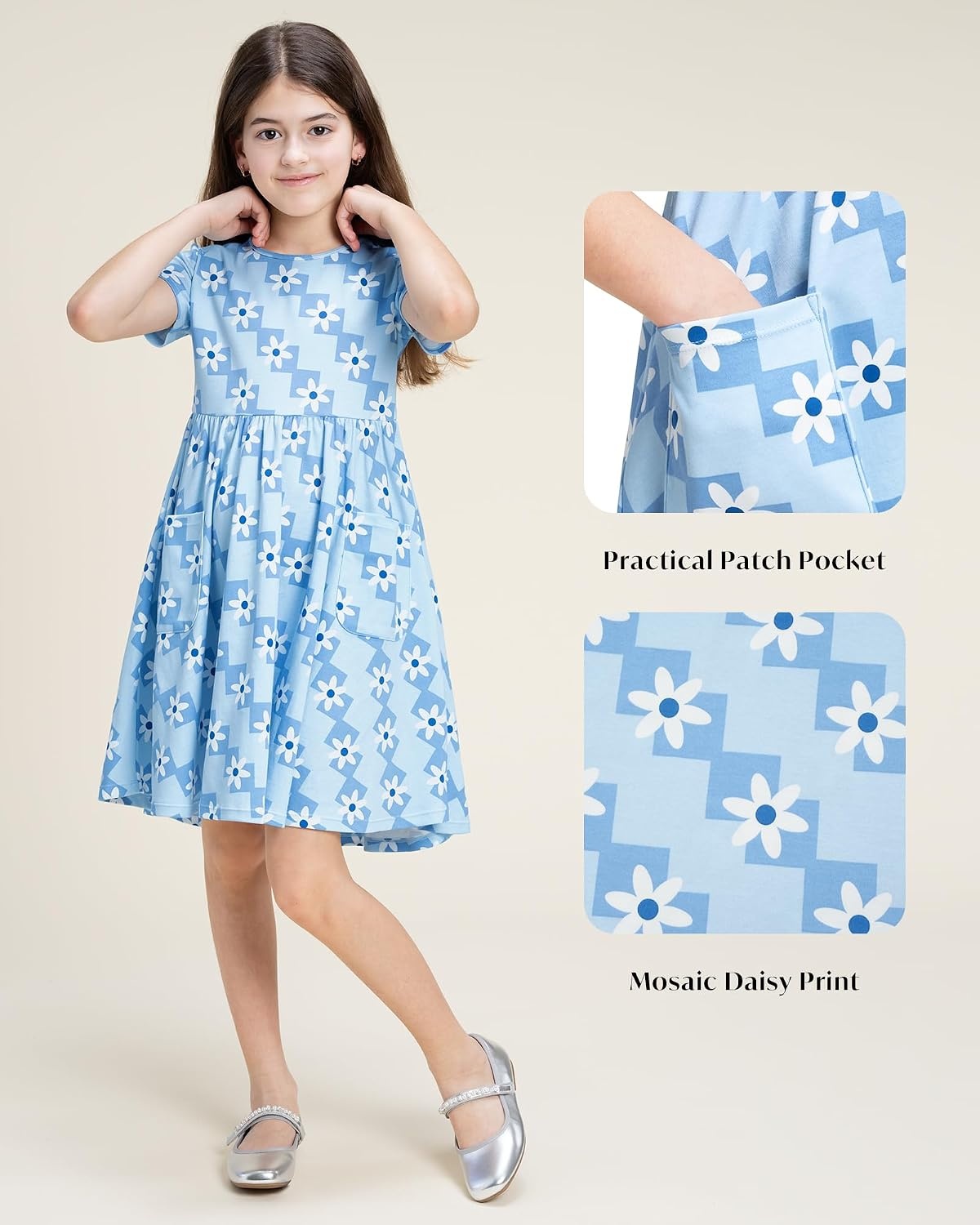 Stelle Girls Cotton Short Sleeve Twirl Skater Dress 3T-12Y | Twirl-Friendly Skirt, A Line,Criss Cross Back,Dress for School,Dance,Playwear,Casual,Active,Soft Stretch Breathable Comfy(Mosaic Daisy Print)