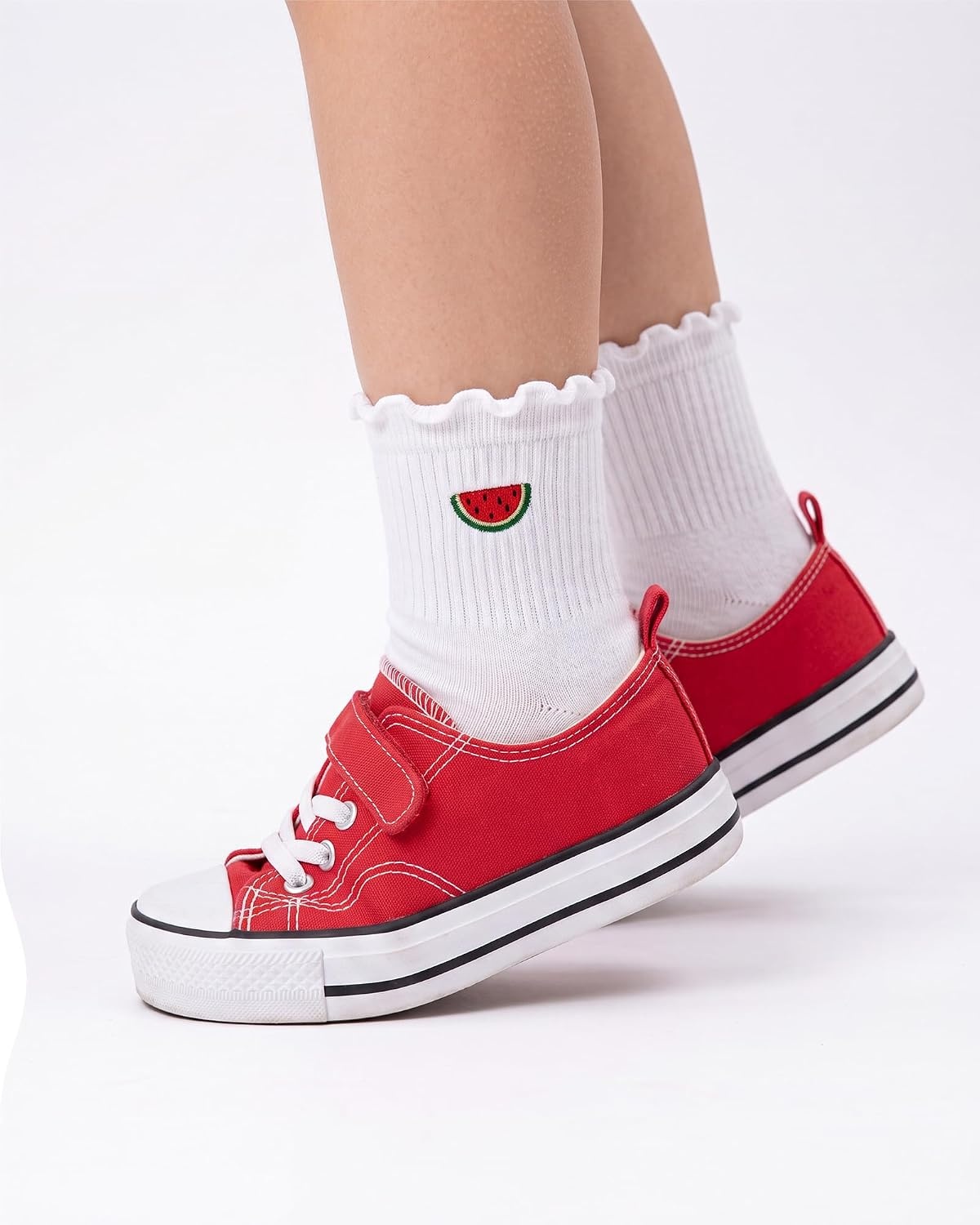 Stelle Girls Socks Cotton Ruffle Athletic Ankle Sock 3/4/5 Pairs for Kids | Sporty Stripes, Activewear Sock, Breathable Comfort, Soft, Sweet Frilly Trim, Stretchy Ribbed, Big Girl, Toddler, 3-18 Years(Strawberry+lemon+avocado+watermelon+cherry)