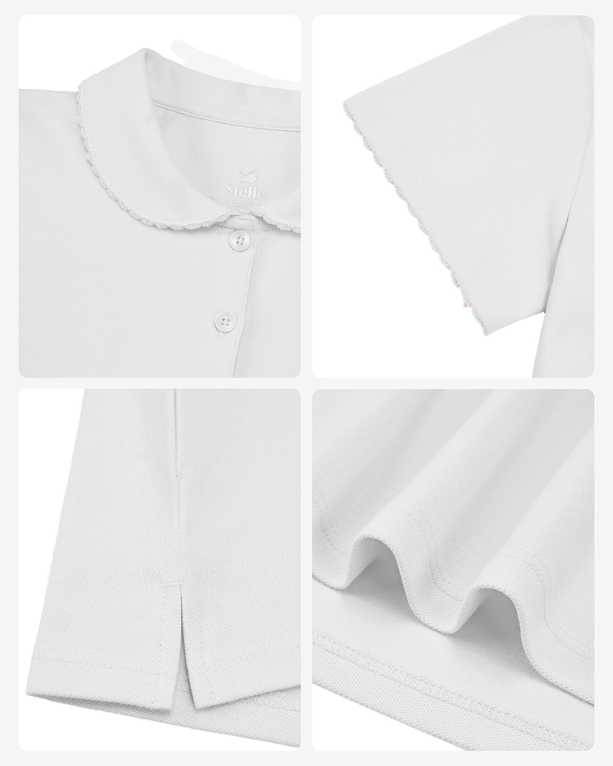 Stelle Girls Polo Shirts School Uniform Peter Pan Collar Short Sleeve Tops | Ruffle, Pique, Cotton-Blend, Button Down, Solid-Color, Classic, Basic, Lightweight, Breathable, Soft, Comfy, Kids Clothes(White)
