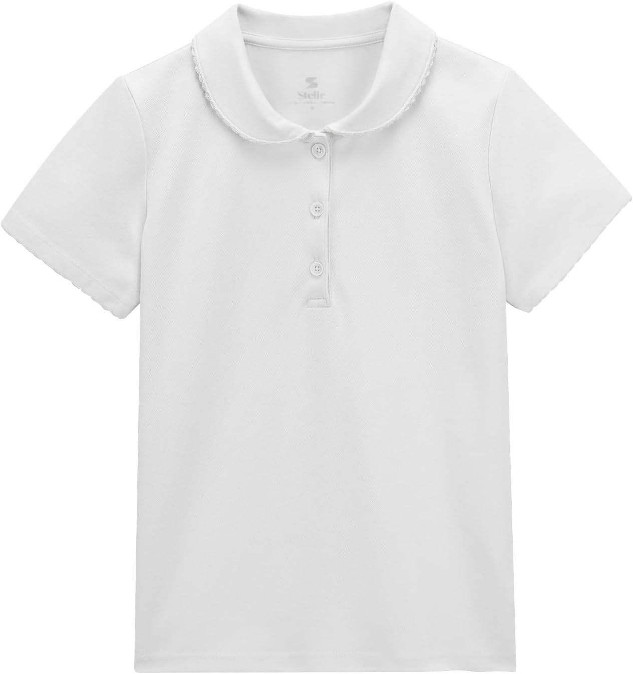 Stelle Girls Polo Shirts School Uniform Peter Pan Collar Short Sleeve Tops | Ruffle, Pique, Cotton-Blend, Button Down, Solid-Color, Classic, Basic, Lightweight, Breathable, Soft, Comfy, Kids Clothes(White)