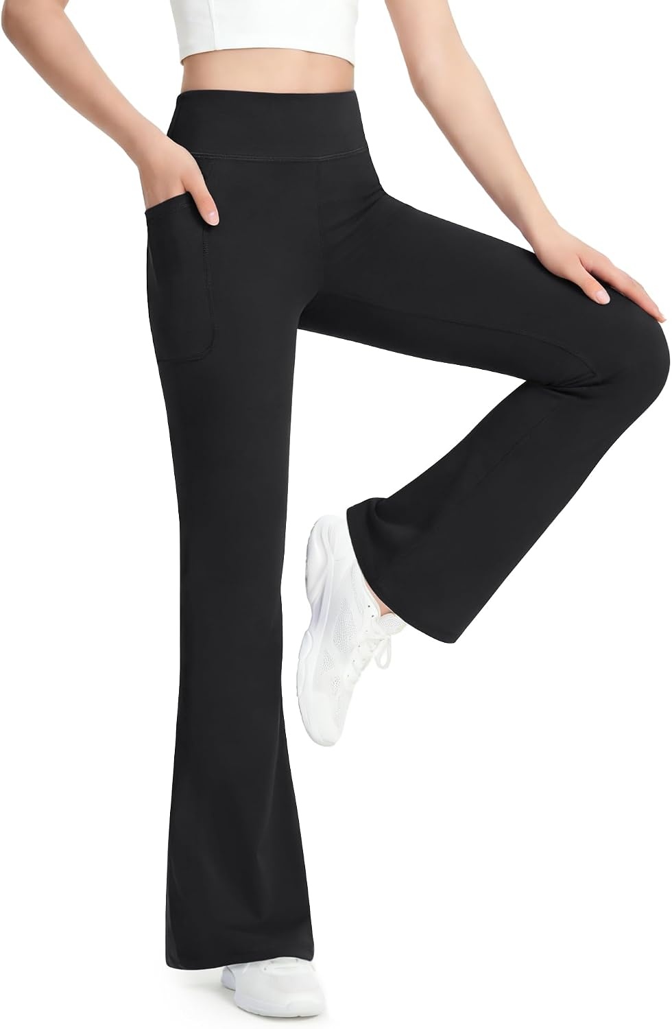 Stelle Girls Flare Leggings High Waisted Bootcut Yoga Pants with Pockets(Black)