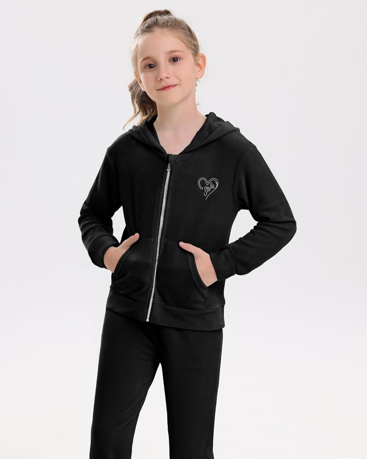 Stelle Girls Velour Tracksuits Zip Up Hoodies Joggers with Pockets 5-15 Y | Sweatshirt with Pockets,Chin Guard,Elastic Waist,Fall Winter Outfits,Holiday,Christmas,Toddler,Little Girl ,Tween,Teen,Preppy(Black)