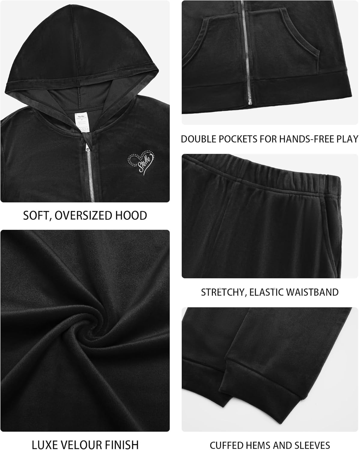 Stelle Girls Velour Tracksuits Zip Up Hoodies Joggers with Pockets 5-15 Y | Sweatshirt with Pockets,Chin Guard,Elastic Waist,Fall Winter Outfits,Holiday,Christmas,Toddler,Little Girl ,Tween,Teen,Preppy(Black)